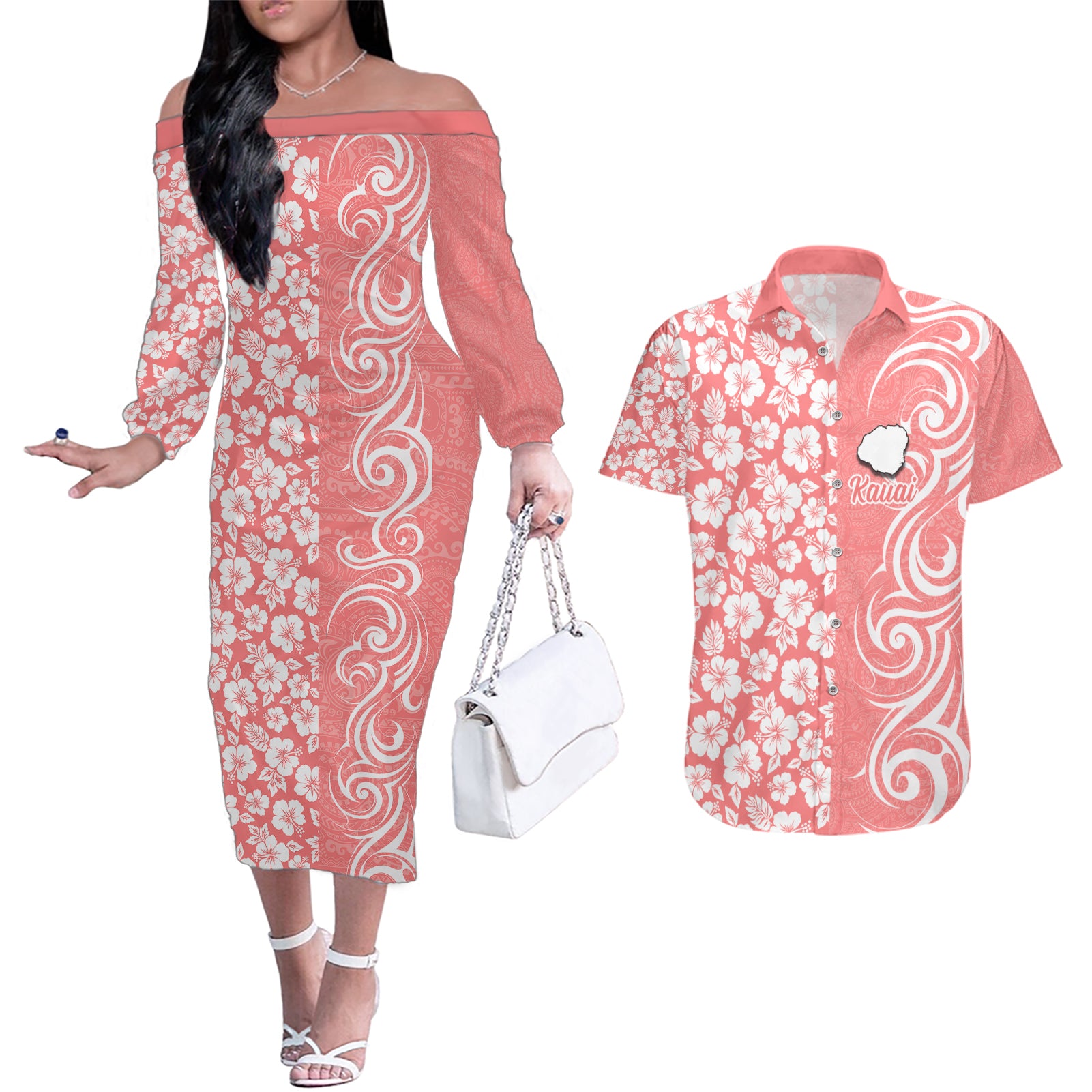 Hawaii Kauai Island Couples Matching Off The Shoulder Long Sleeve Dress and Hawaiian Shirt Hibiscus Pattern Seamless Tribal Simple Pink Pastel LT03 Pink - Polynesian Pride