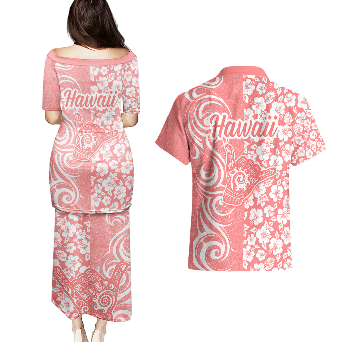Hawaii Kauai Island Couples Matching Puletasi Dress and Hawaiian Shirt Hibiscus Pattern Seamless Tribal Simple Pink Pastel LT03 - Polynesian Pride