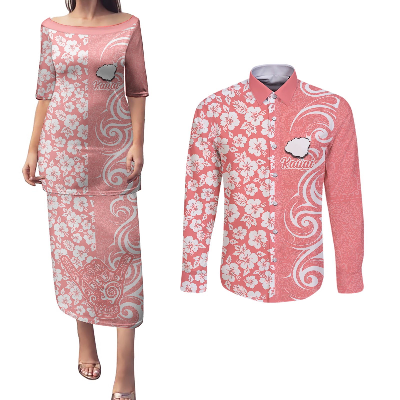 Hawaii Kauai Island Couples Matching Puletasi Dress and Long Sleeve Button Shirts Hibiscus Pattern Seamless Tribal Simple Pink Pastel LT03 Pink - Polynesian Pride