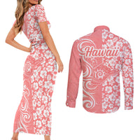 Hawaii Kauai Island Couples Matching Short Sleeve Bodycon Dress and Long Sleeve Button Shirts Hibiscus Pattern Seamless Tribal Simple Pink Pastel LT03 - Polynesian Pride