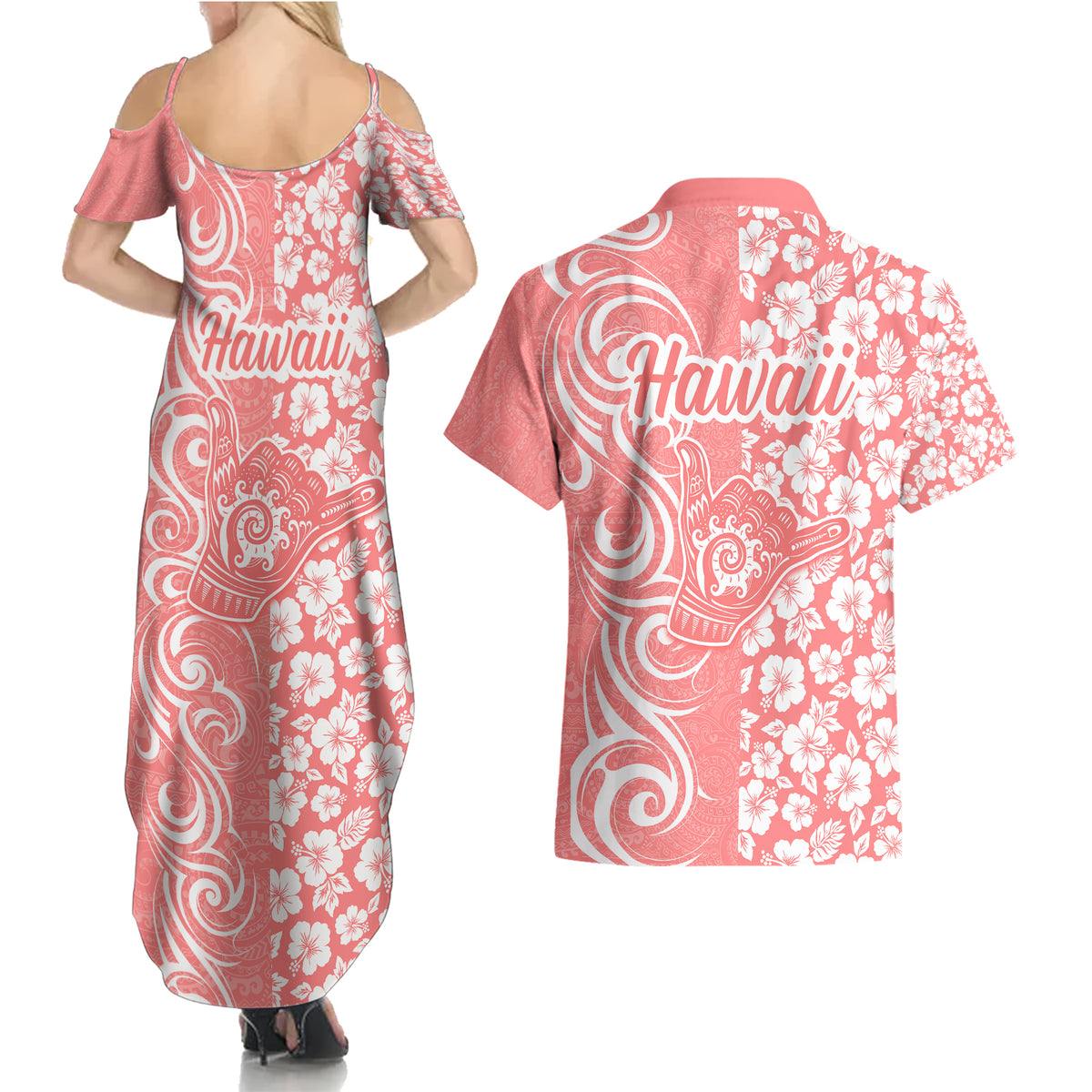 Hawaii Kauai Island Couples Matching Summer Maxi Dress and Hawaiian Shirt Hibiscus Pattern Seamless Tribal Simple Pink Pastel LT03 - Polynesian Pride