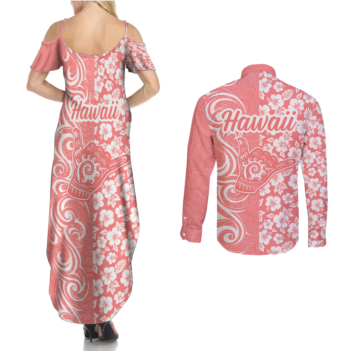 Hawaii Kauai Island Couples Matching Summer Maxi Dress and Long Sleeve Button Shirts Hibiscus Pattern Seamless Tribal Simple Pink Pastel LT03 - Polynesian Pride