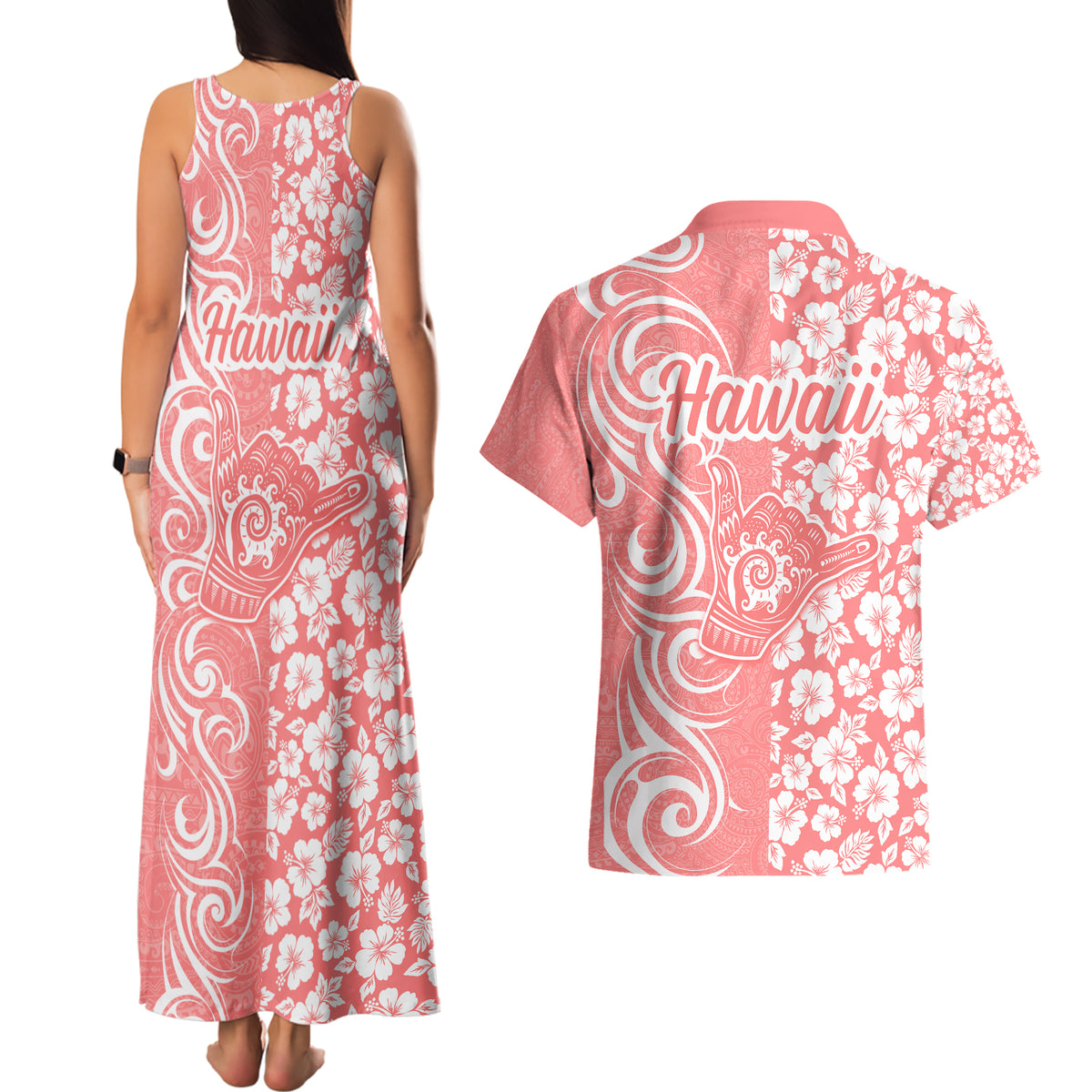 Hawaii Kauai Island Couples Matching Tank Maxi Dress and Hawaiian Shirt Hibiscus Pattern Seamless Tribal Simple Pink Pastel LT03 - Polynesian Pride