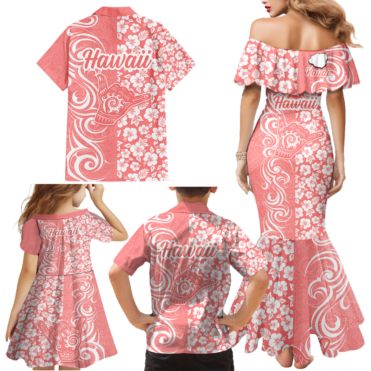 Hawaii Kauai Island Family Matching Mermaid Dress and Hawaiian Shirt Hibiscus Pattern Seamless Tribal Simple Pink Pastel LT03 - Polynesian Pride