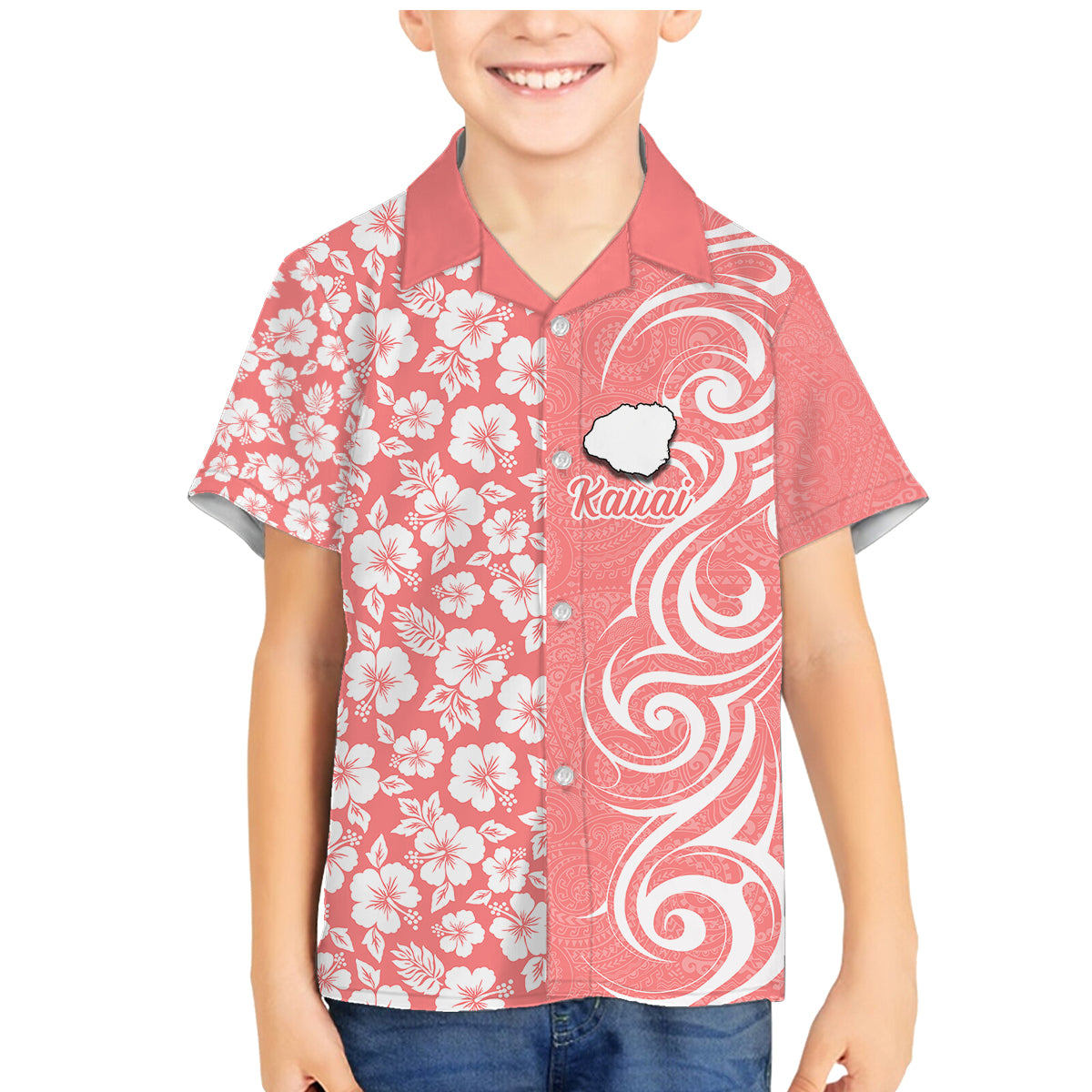 Hawaii Kauai Island Family Matching Mermaid Dress and Hawaiian Shirt Hibiscus Pattern Seamless Tribal Simple Pink Pastel LT03 Son's Shirt Pink - Polynesian Pride