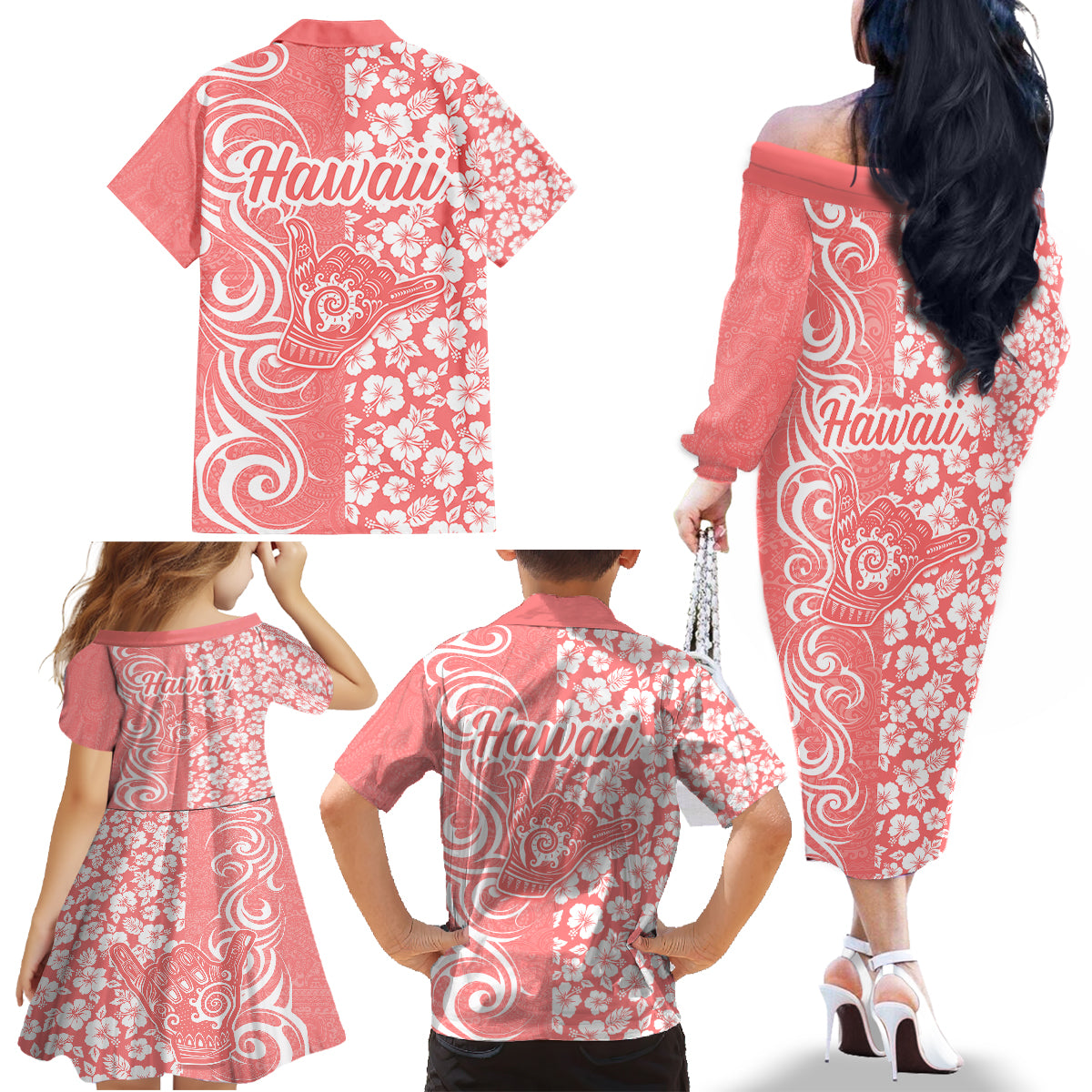 Hawaii Kauai Island Family Matching Off Shoulder Long Sleeve Dress and Hawaiian Shirt Hibiscus Pattern Seamless Tribal Simple Pink Pastel LT03 - Polynesian Pride