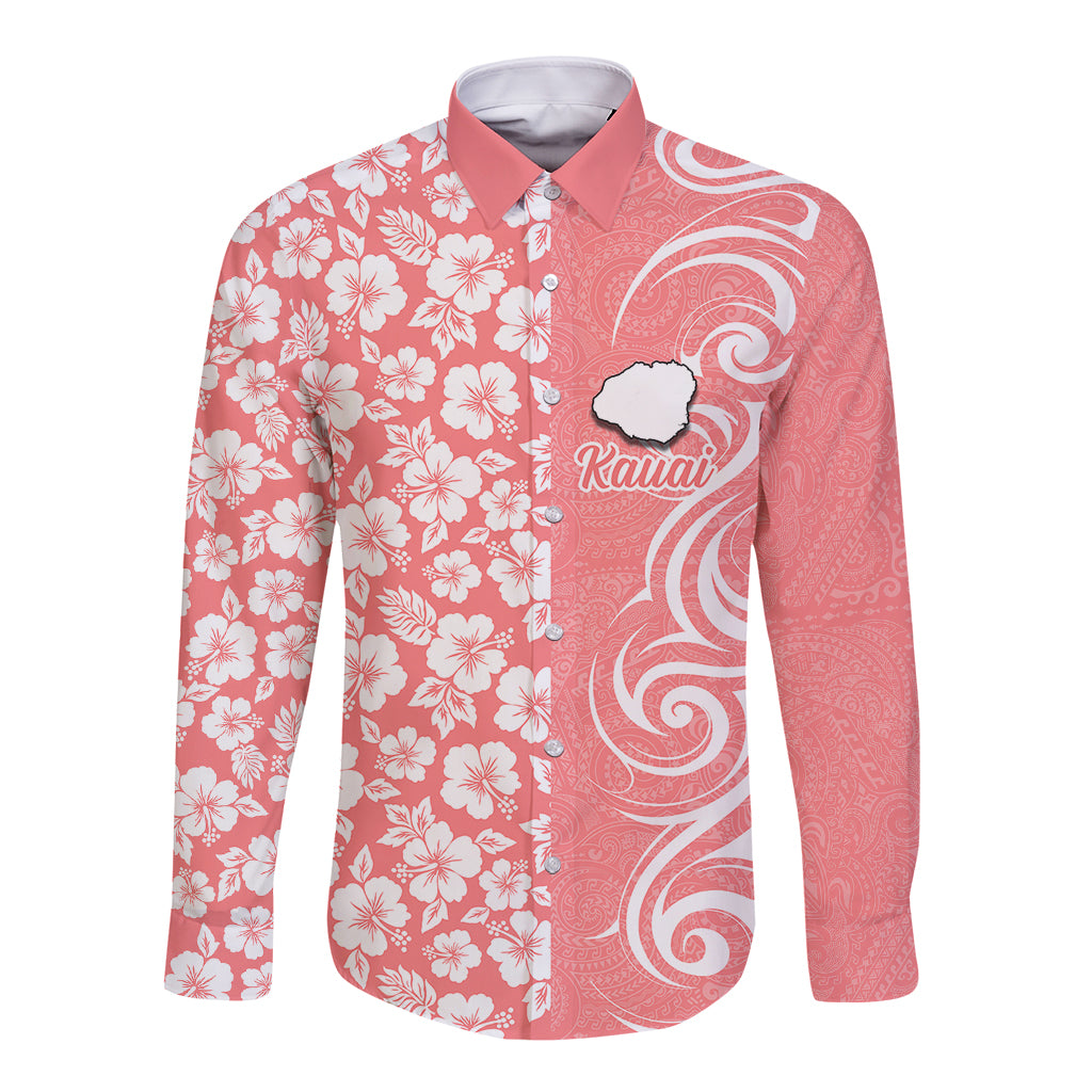 Hawaii Kauai Island Long Sleeve Button Shirt Hibiscus Pattern Seamless Tribal Simple Pink Pastel LT03 Unisex Pink - Polynesian Pride