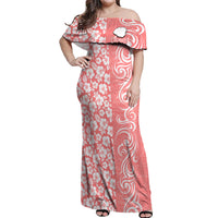Hawaii Kauai Island Off Shoulder Maxi Dress Hibiscus Pattern Seamless Tribal Simple Pink Pastel LT03 Women Pink - Polynesian Pride