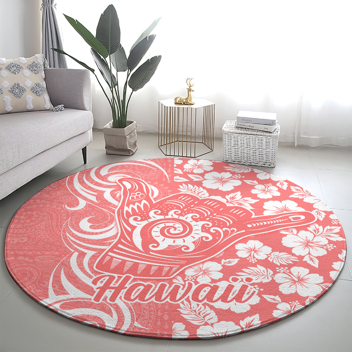 Hawaii Kauai Island Round Carpet Hibiscus Pattern Seamless Tribal Simple Pink Pastel LT03 - Polynesian Pride