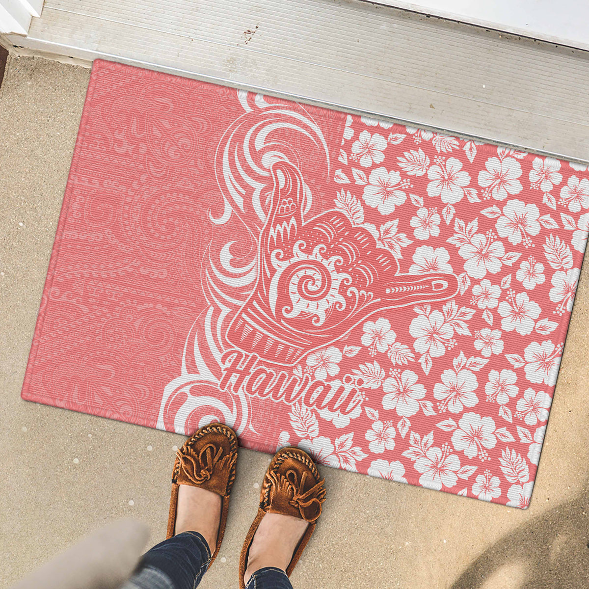 Hawaii Kauai Island Rubber Doormat Hibiscus Pattern Seamless Tribal Simple Pink Pastel LT03 - Polynesian Pride