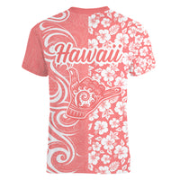 Hawaii Kauai Island Women V Neck T Shirt Hibiscus Pattern Seamless Tribal Simple Pink Pastel LT03 - Polynesian Pride