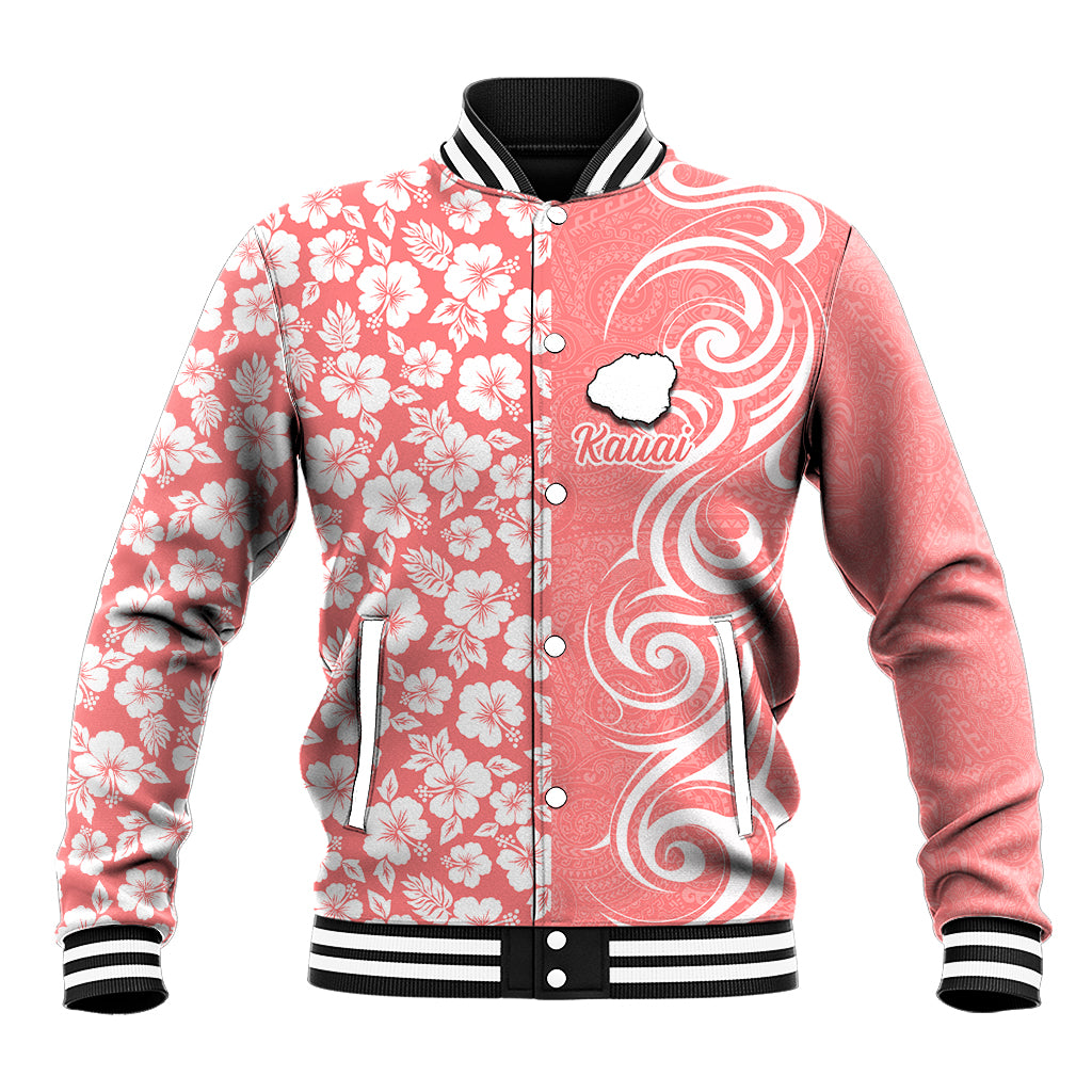 Custom Hawaii Kauai Island Baseball Jacket Hibiscus Pattern Seamless Tribal Simple Pink Pastel LT03 Unisex Pink - Polynesian Pride