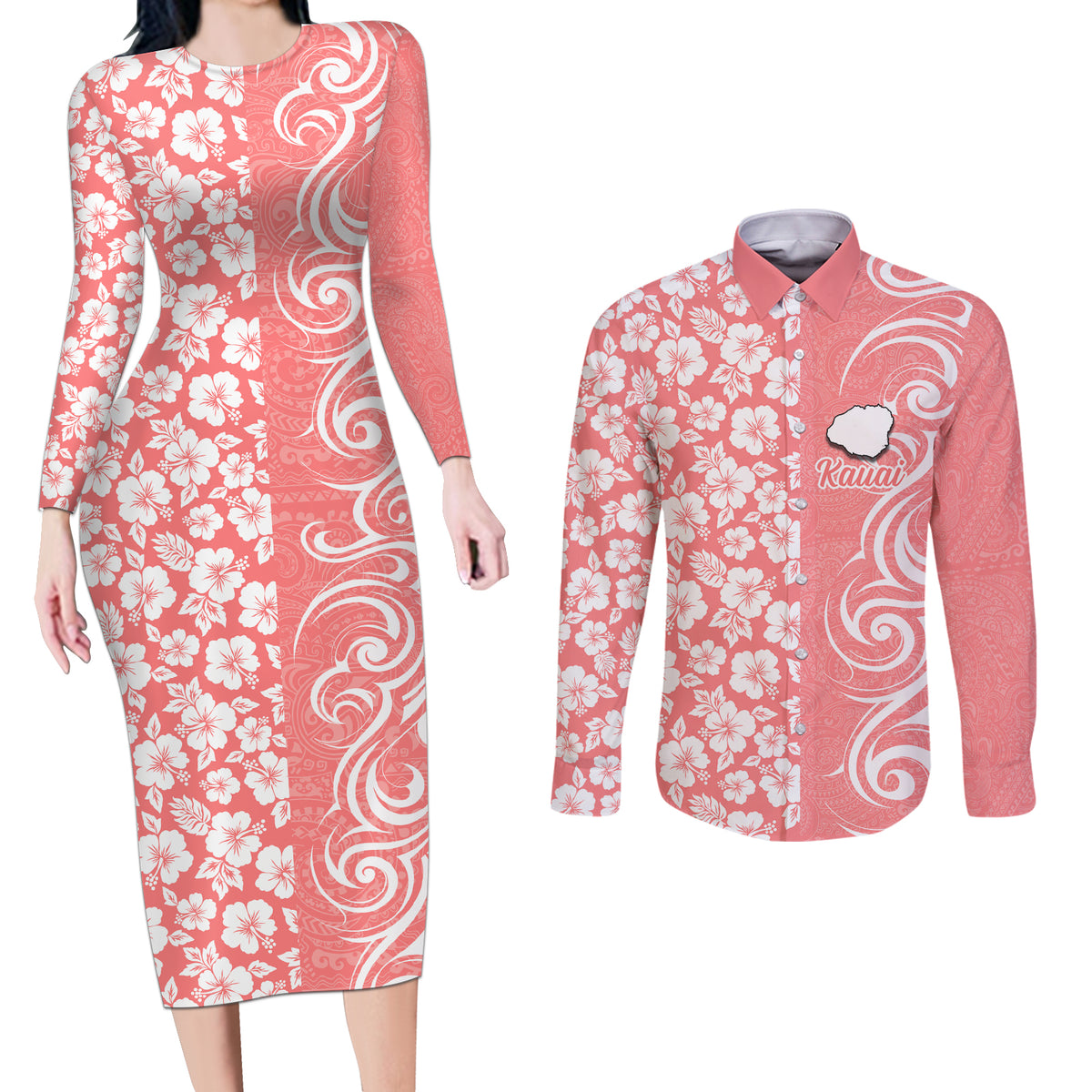 Custom Hawaii Kauai Island Couples Matching Long Sleeve Bodycon Dress and Long Sleeve Button Shirts Hibiscus Pattern Seamless Tribal Simple Pink Pastel LT03 Pink - Polynesian Pride