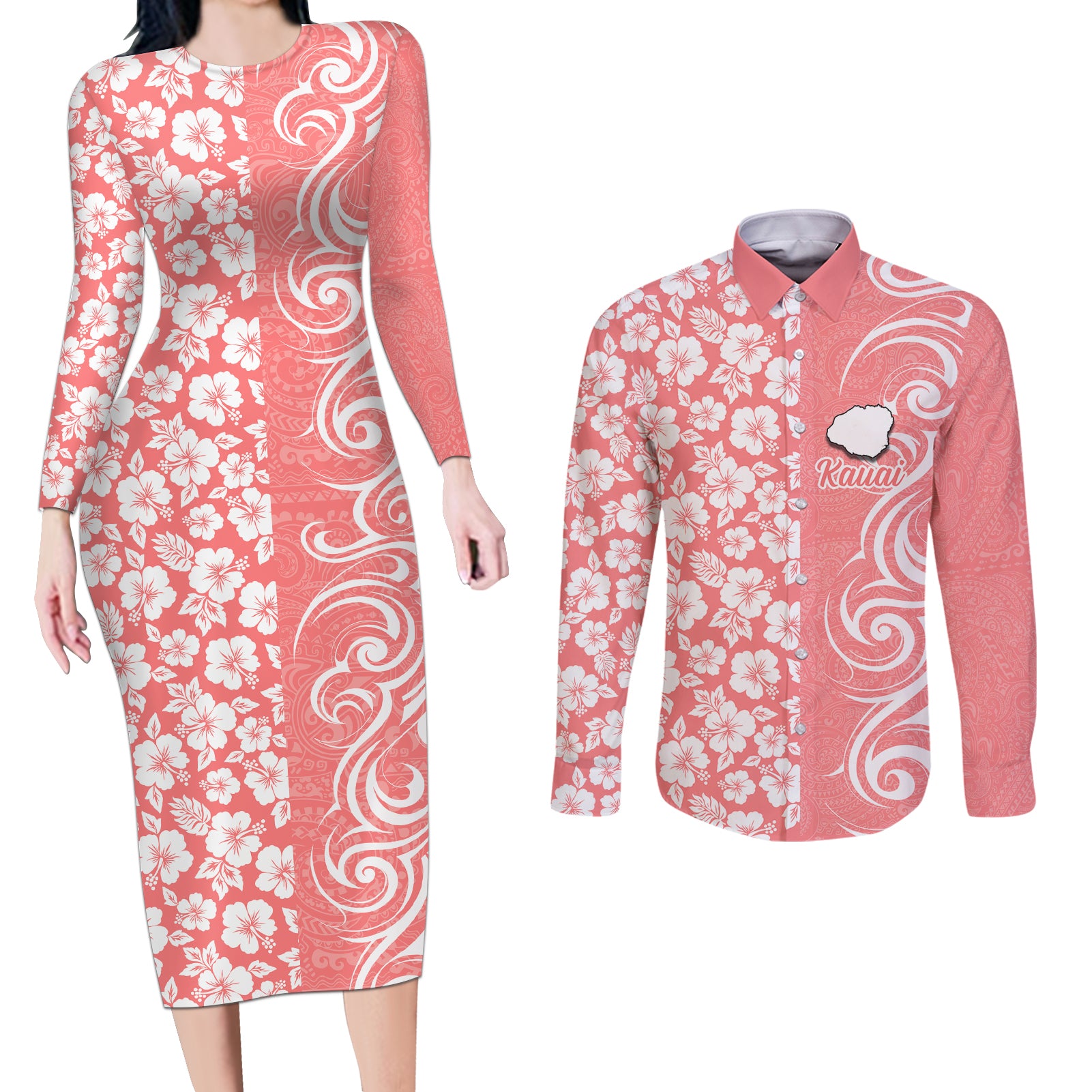 Custom Hawaii Kauai Island Couples Matching Long Sleeve Bodycon Dress and Long Sleeve Button Shirts Hibiscus Pattern Seamless Tribal Simple Pink Pastel LT03 Pink - Polynesian Pride