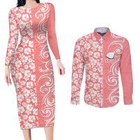 Custom Hawaii Kauai Island Couples Matching Long Sleeve Bodycon Dress and Long Sleeve Button Shirts Hibiscus Pattern Seamless Tribal Simple Pink Pastel LT03 Pink - Polynesian Pride