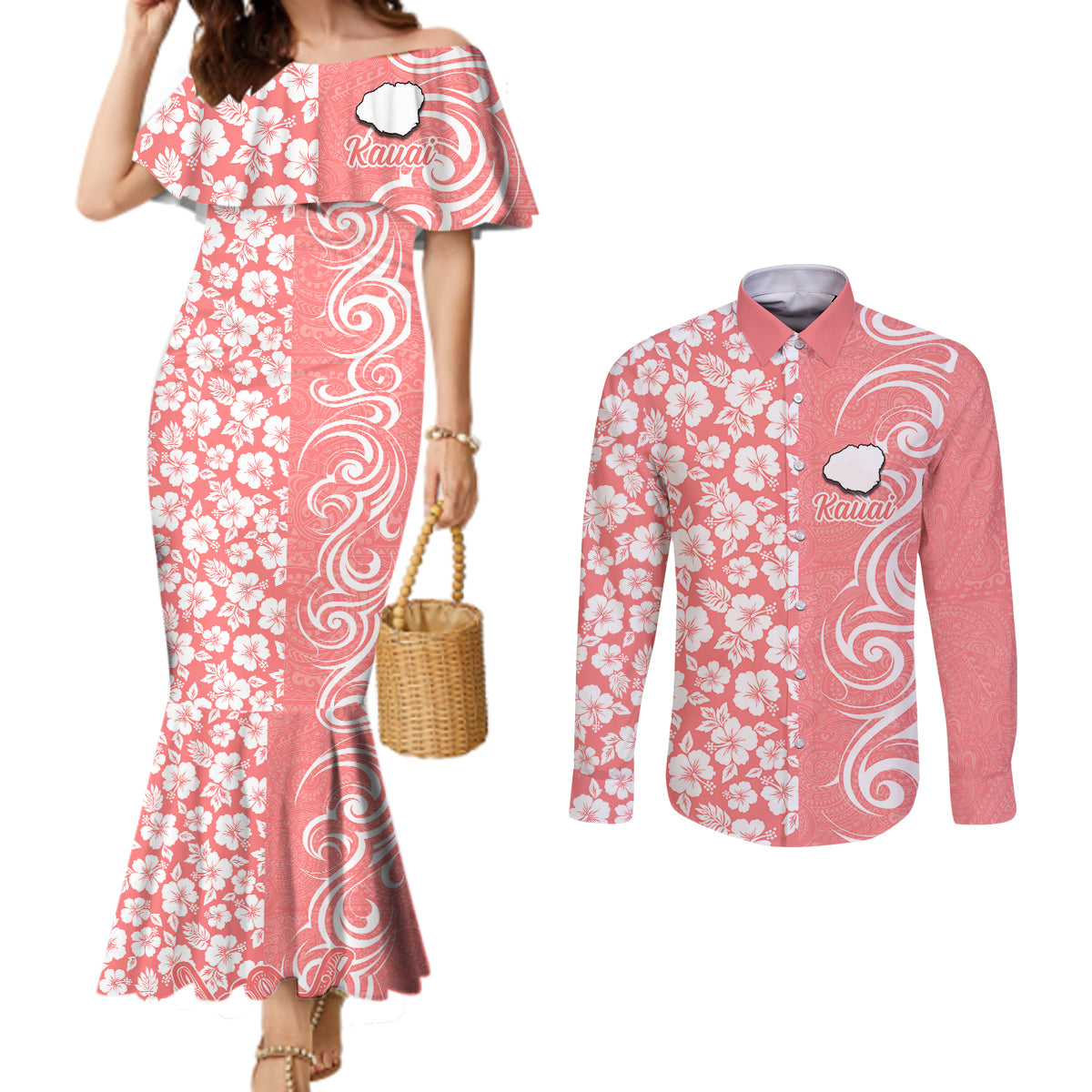 Custom Hawaii Kauai Island Couples Matching Mermaid Dress and Long Sleeve Button Shirts Hibiscus Pattern Seamless Tribal Simple Pink Pastel LT03 Pink - Polynesian Pride