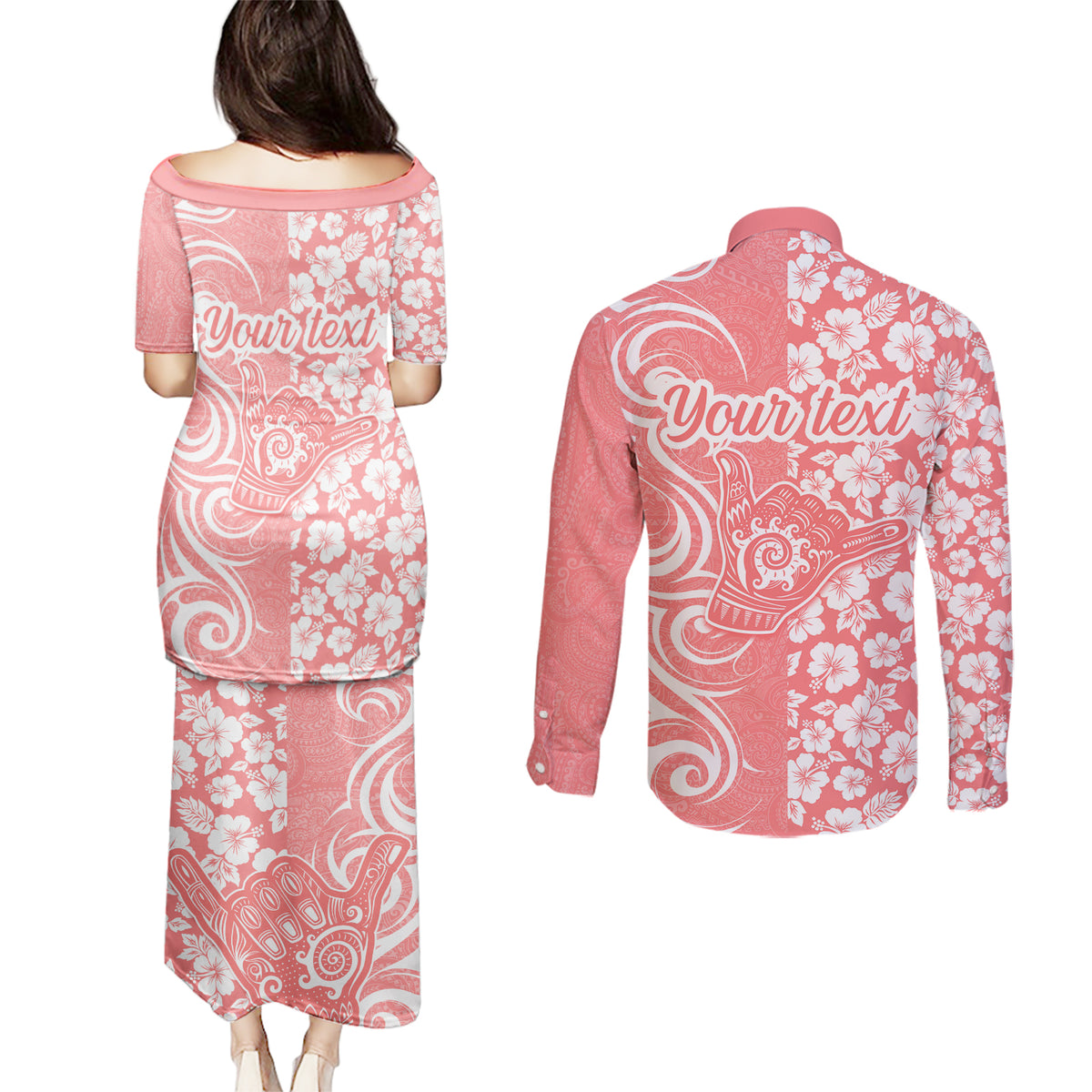 Custom Hawaii Kauai Island Couples Matching Puletasi Dress and Long Sleeve Button Shirts Hibiscus Pattern Seamless Tribal Simple Pink Pastel LT03 - Polynesian Pride