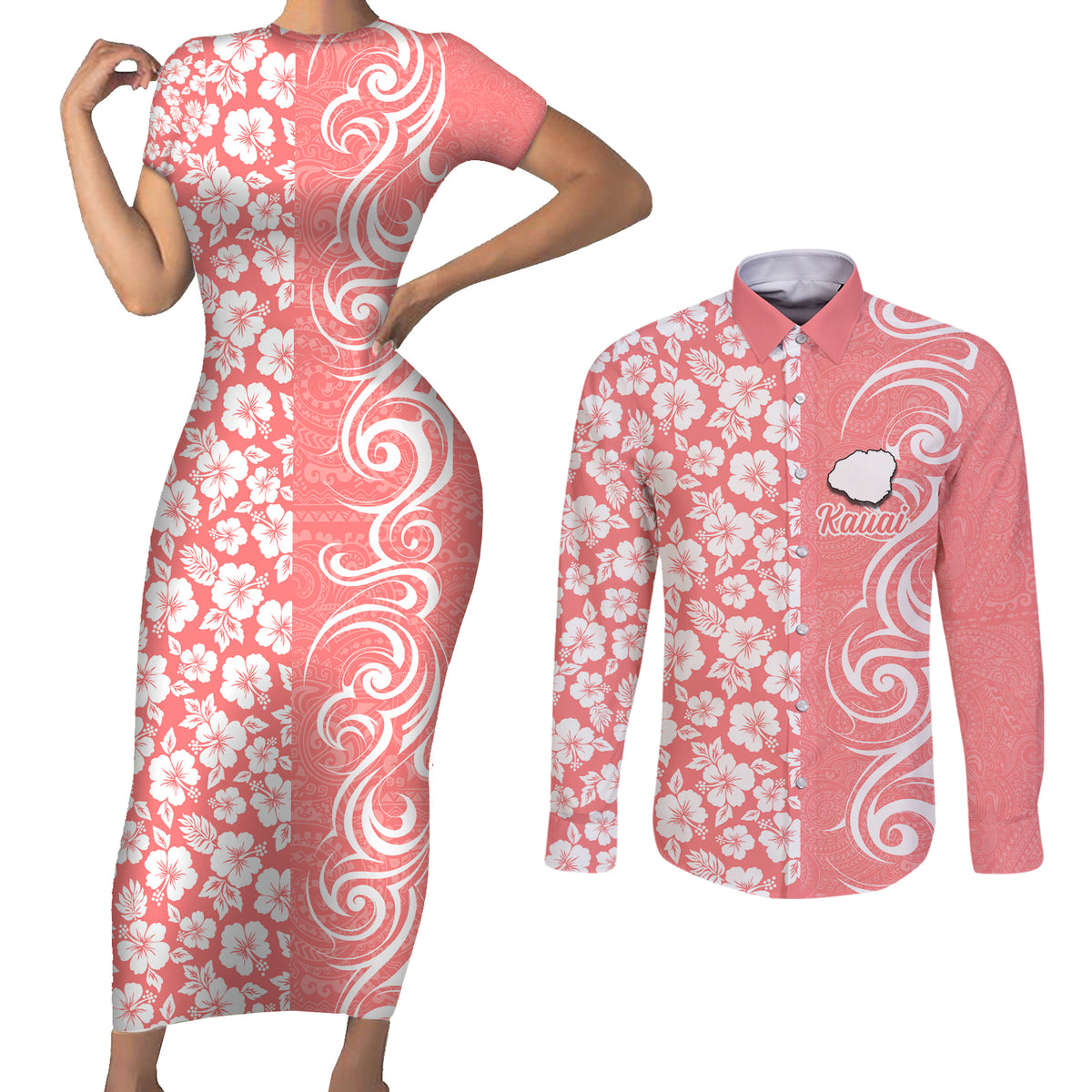 Custom Hawaii Kauai Island Couples Matching Short Sleeve Bodycon Dress and Long Sleeve Button Shirts Hibiscus Pattern Seamless Tribal Simple Pink Pastel LT03 Pink - Polynesian Pride
