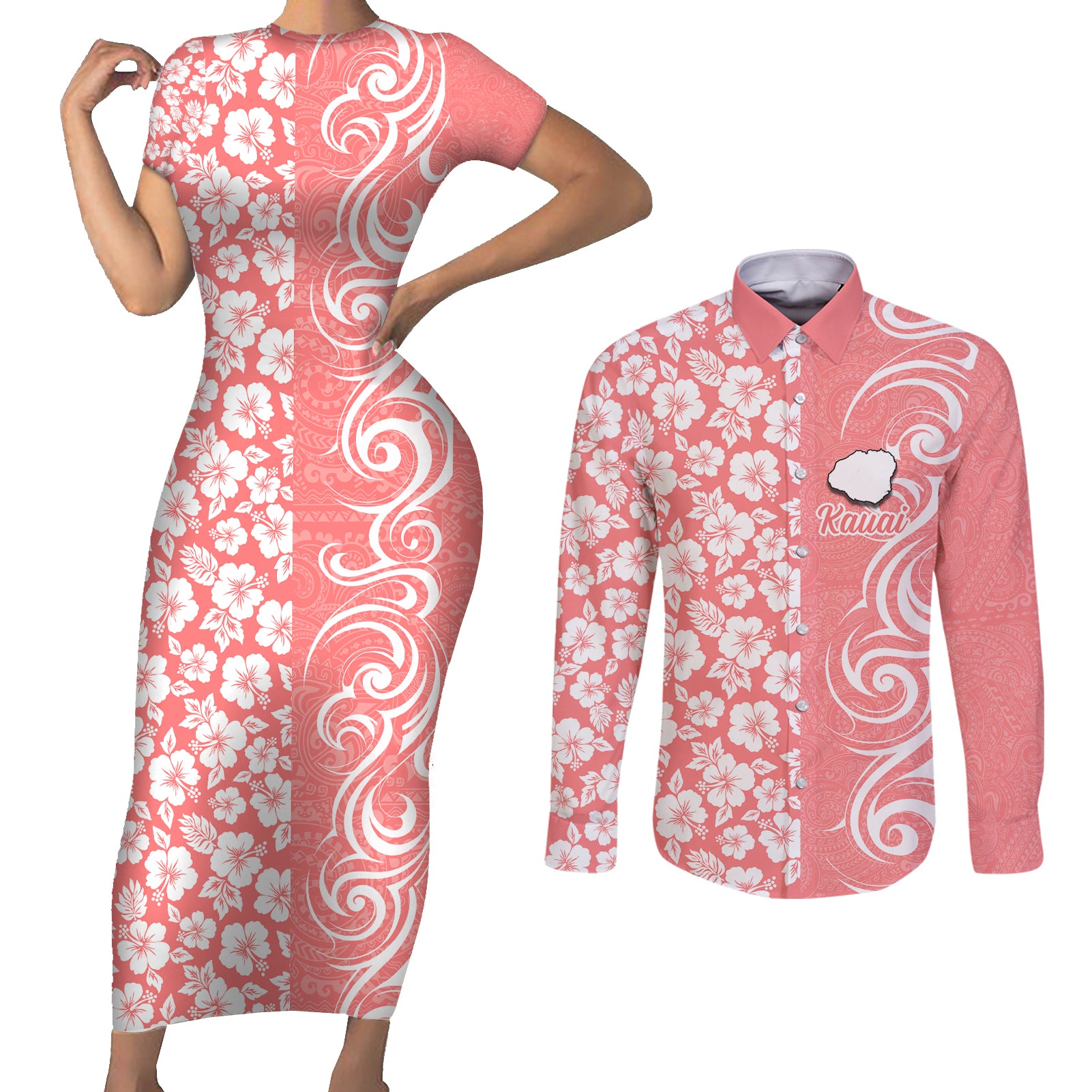 Custom Hawaii Kauai Island Couples Matching Short Sleeve Bodycon Dress and Long Sleeve Button Shirts Hibiscus Pattern Seamless Tribal Simple Pink Pastel LT03 Pink - Polynesian Pride