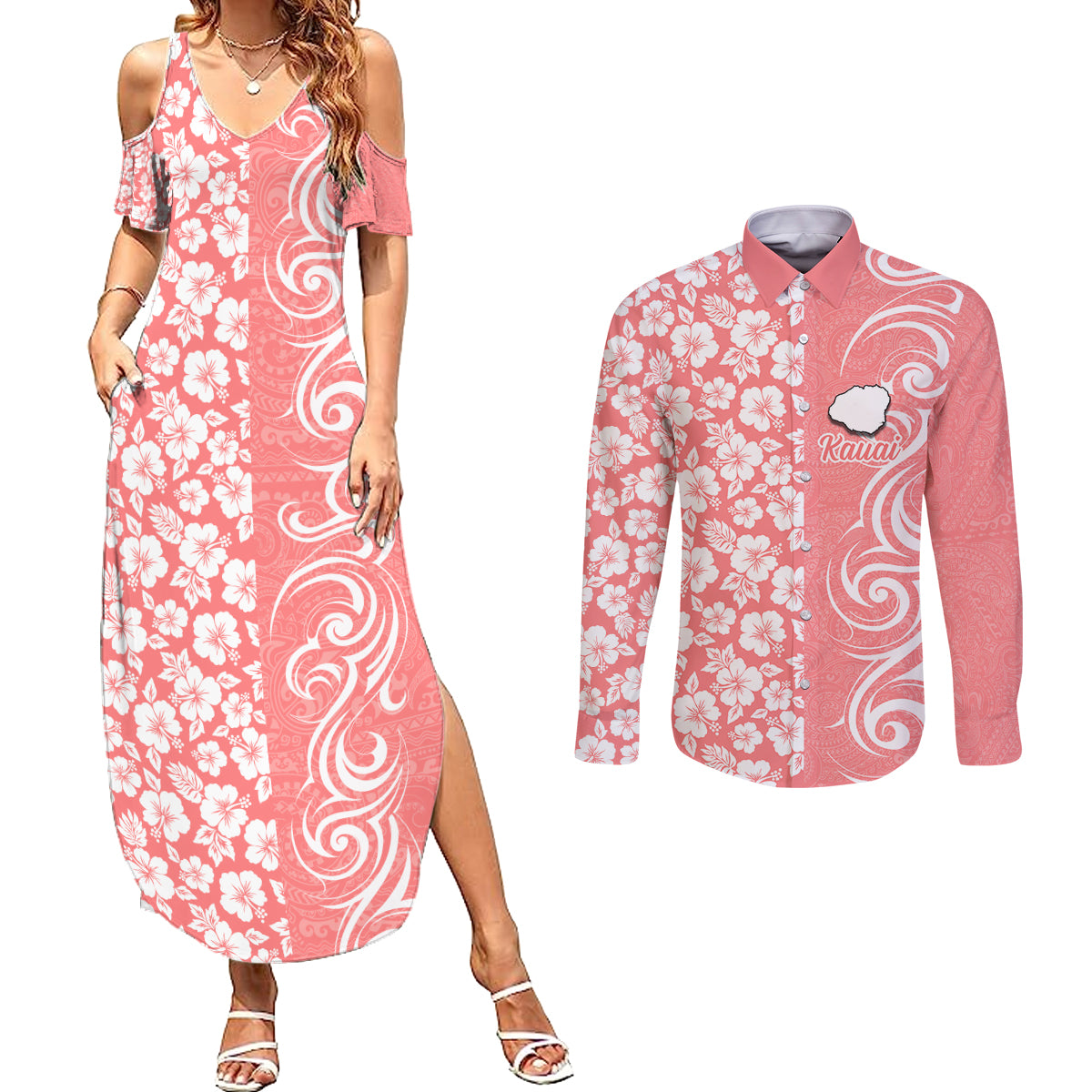 Custom Hawaii Kauai Island Couples Matching Summer Maxi Dress and Long Sleeve Button Shirts Hibiscus Pattern Seamless Tribal Simple Pink Pastel LT03 Pink - Polynesian Pride