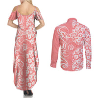 Custom Hawaii Kauai Island Couples Matching Summer Maxi Dress and Long Sleeve Button Shirts Hibiscus Pattern Seamless Tribal Simple Pink Pastel LT03 - Polynesian Pride