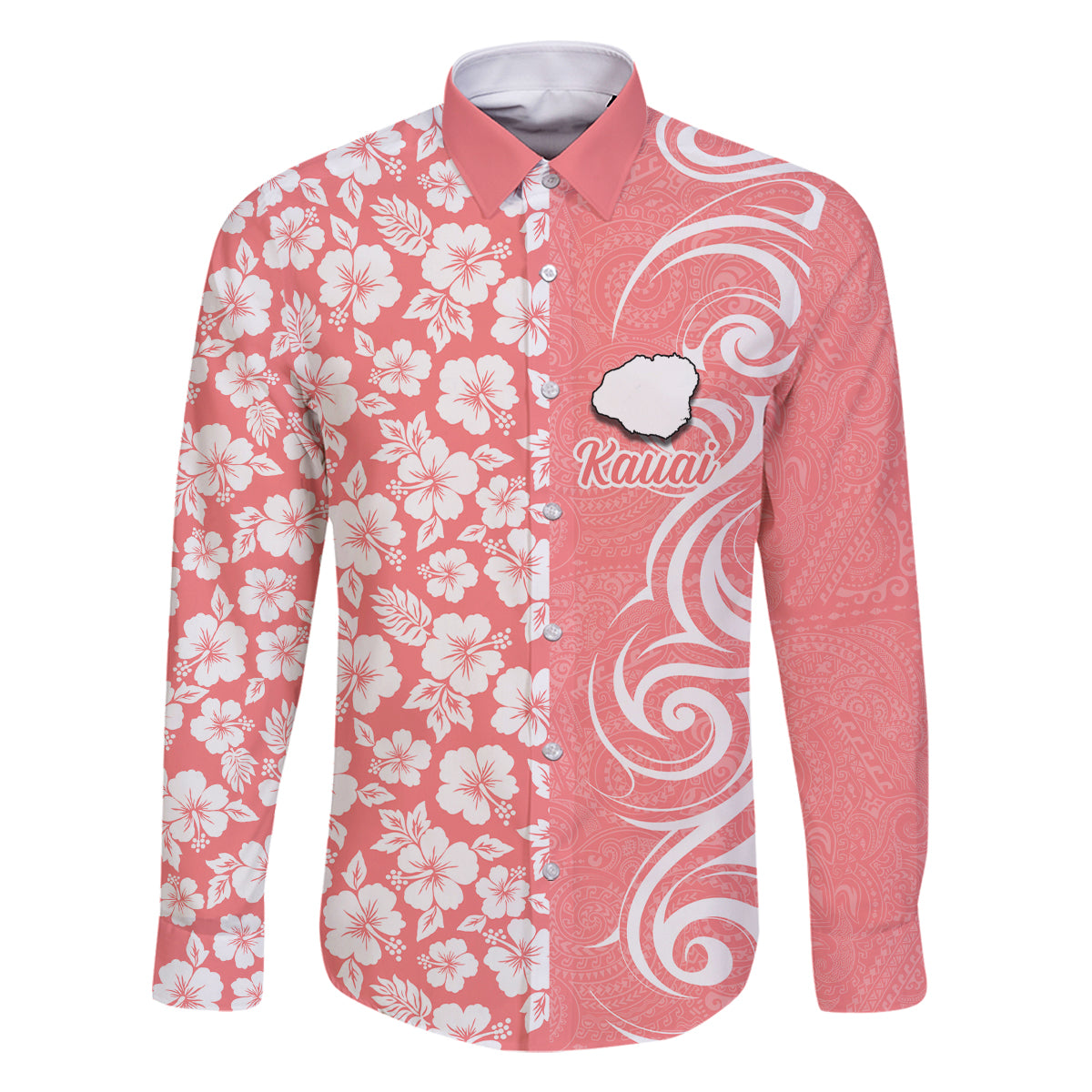 Custom Hawaii Kauai Island Family Matching Mermaid Dress and Hawaiian Shirt Hibiscus Pattern Seamless Tribal Simple Pink Pastel LT03 Dad's Shirt - Long Sleeve Pink - Polynesian Pride