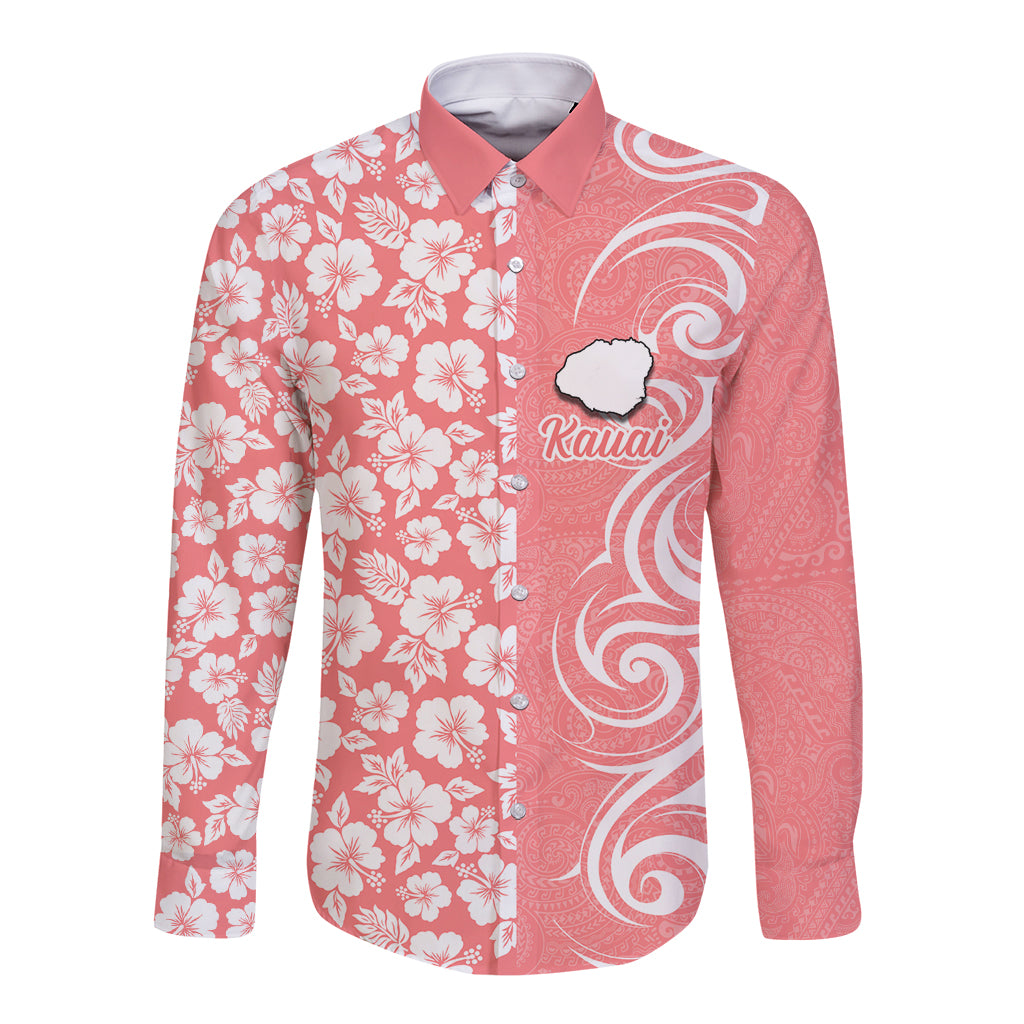 Custom Hawaii Kauai Island Long Sleeve Button Shirt Hibiscus Pattern Seamless Tribal Simple Pink Pastel LT03 Unisex Pink - Polynesian Pride