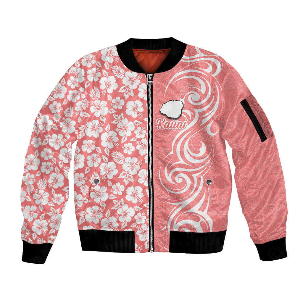 Custom Hawaii Kauai Island Sleeve Zip Bomber Jacket Hibiscus Pattern Seamless Tribal Simple Pink Pastel LT03 Unisex Pink - Polynesian Pride