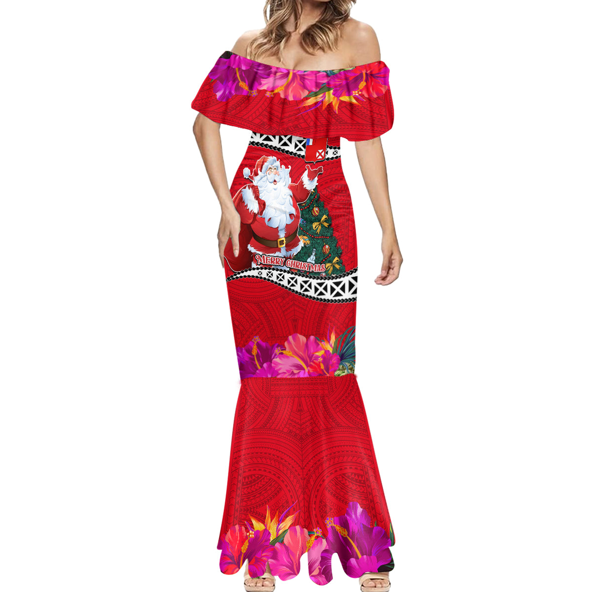 Wallis and Futuna Christmas Mermaid Dress Santa Claus Holding Coat of Arms Polynesian Xmas Style LT03 - Polynesian Pride