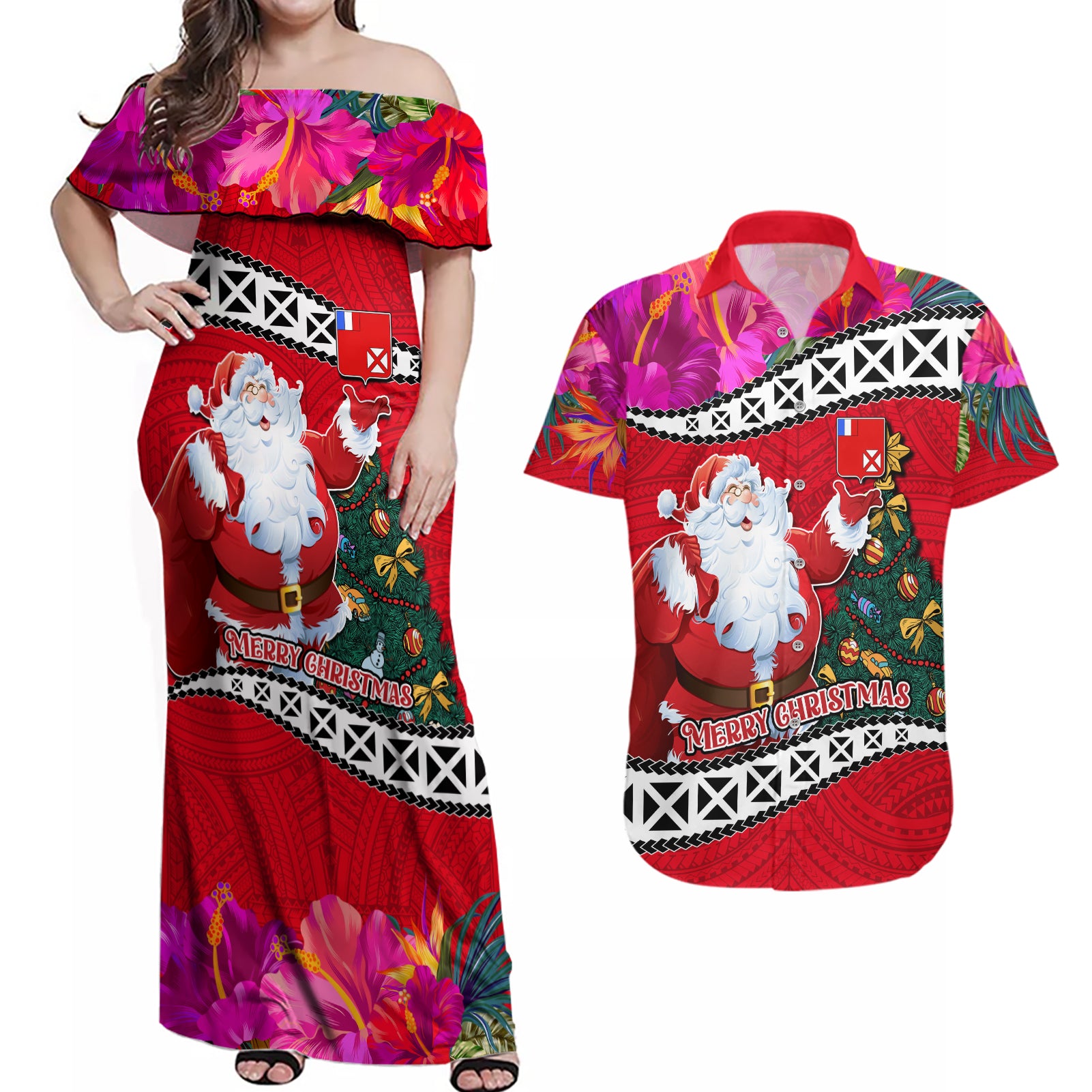 Custom Wallis and Futuna Christmas Couples Matching Off Shoulder Maxi Dress and Hawaiian Shirt Santa Claus Holding Coat of Arms Polynesian Xmas Style LT03 Red - Polynesian Pride