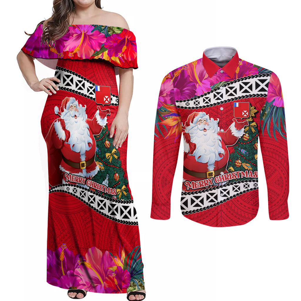 Custom Wallis and Futuna Christmas Couples Matching Off Shoulder Maxi Dress and Long Sleeve Button Shirt Santa Claus Holding Coat of Arms Polynesian Xmas Style LT03 Red - Polynesian Pride