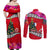 Custom Wallis and Futuna Christmas Couples Matching Off Shoulder Maxi Dress and Long Sleeve Button Shirt Santa Claus Holding Coat of Arms Polynesian Xmas Style LT03 - Polynesian Pride