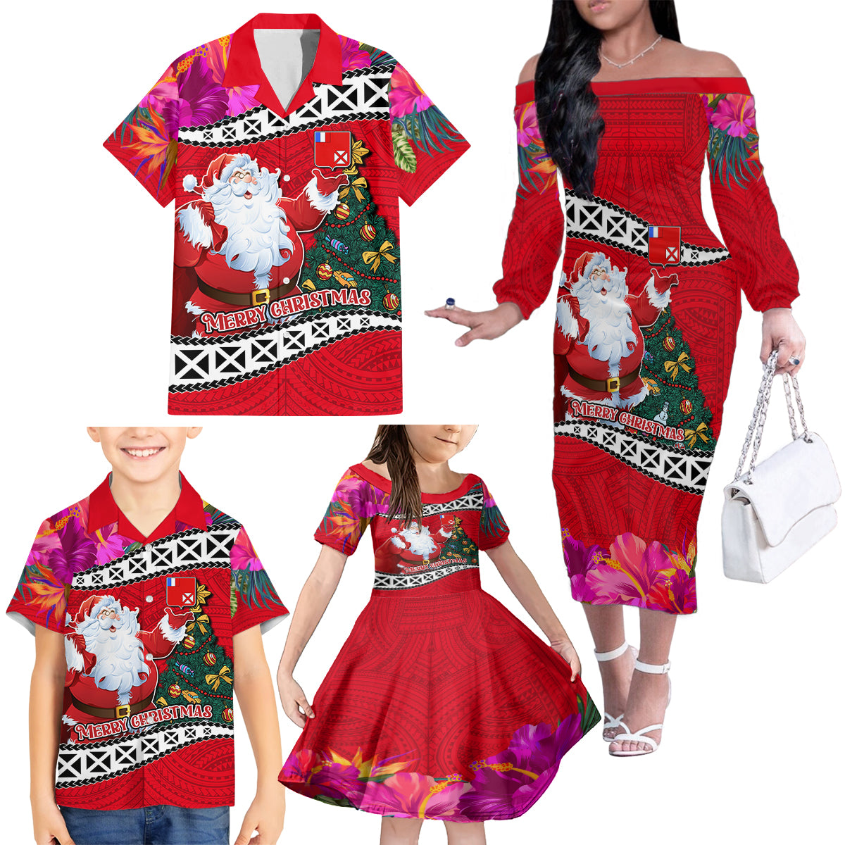 Custom Wallis and Futuna Christmas Family Matching Off Shoulder Long Sleeve Dress and Hawaiian Shirt Santa Claus Holding Coat of Arms Polynesian Xmas Style LT03 - Polynesian Pride