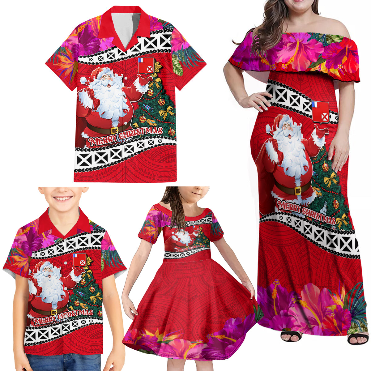 Custom Wallis and Futuna Christmas Family Matching Off Shoulder Maxi Dress and Hawaiian Shirt Santa Claus Holding Coat of Arms Polynesian Xmas Style LT03 - Polynesian Pride