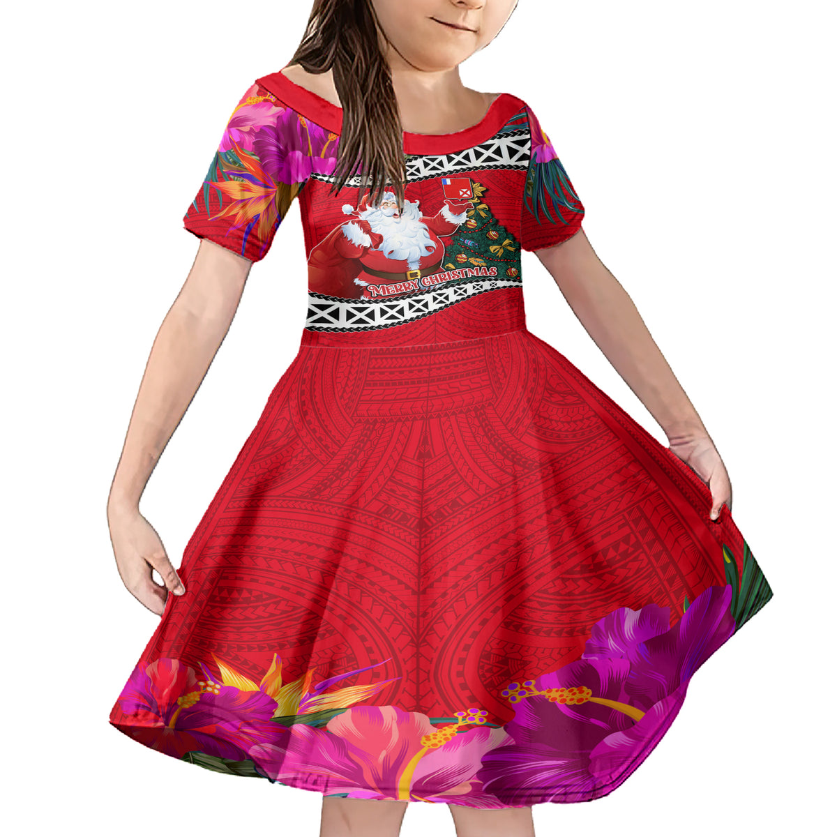 Custom Wallis and Futuna Christmas Family Matching Short Sleeve Bodycon Dress and Hawaiian Shirt Santa Claus Holding Coat of Arms Polynesian Xmas Style LT03 Daughter's Dress Red - Polynesian Pride