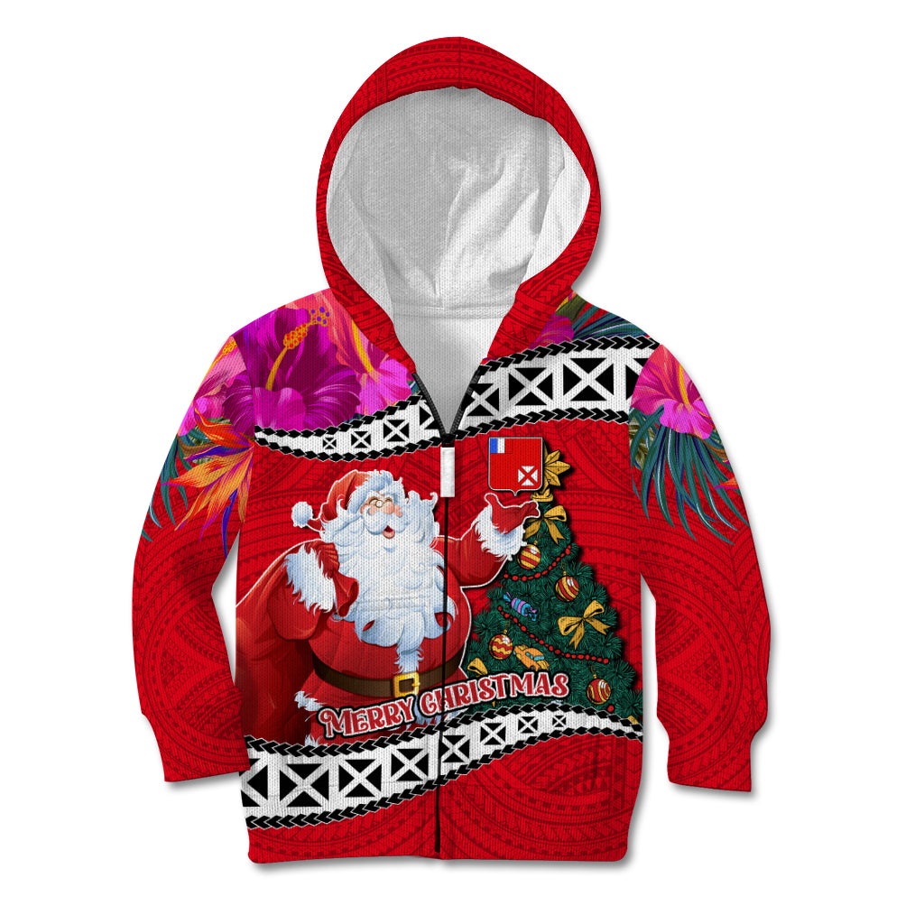 Custom Wallis and Futuna Christmas Kid Hoodie Santa Claus Holding Coat of Arms Polynesian Xmas Style LT03 - Polynesian Pride
