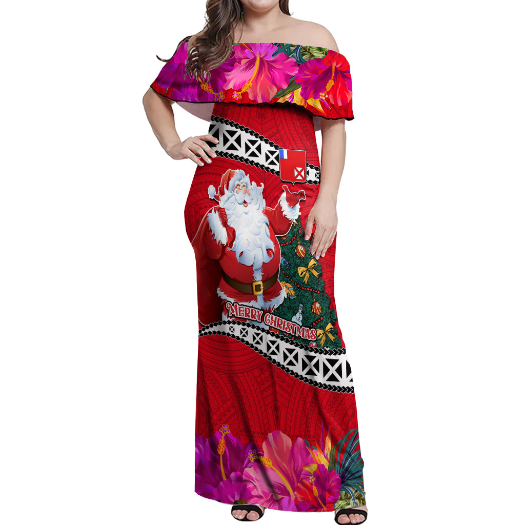 Custom Wallis and Futuna Christmas Off Shoulder Maxi Dress Santa Claus Holding Coat of Arms Polynesian Xmas Style LT03 Women Red - Polynesian Pride