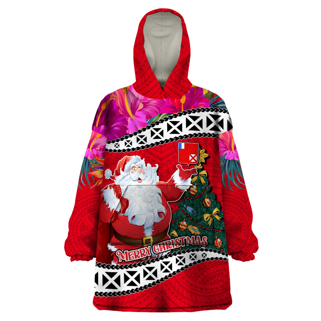 Custom Wallis and Futuna Christmas Wearable Blanket Hoodie Santa Claus Holding Coat of Arms Polynesian Xmas Style LT03 One Size Red - Polynesian Pride