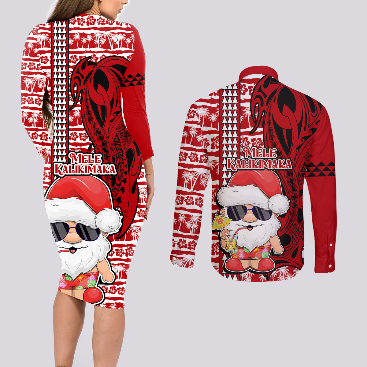 Mele Kalikimaka Hawaii Christmas Couples Matching Long Sleeve Bodycon Dress and Long Sleeve Button Shirt Santa Claus Kakau Tribal Mix Polynesia Tattoo LT03 - Polynesian Pride