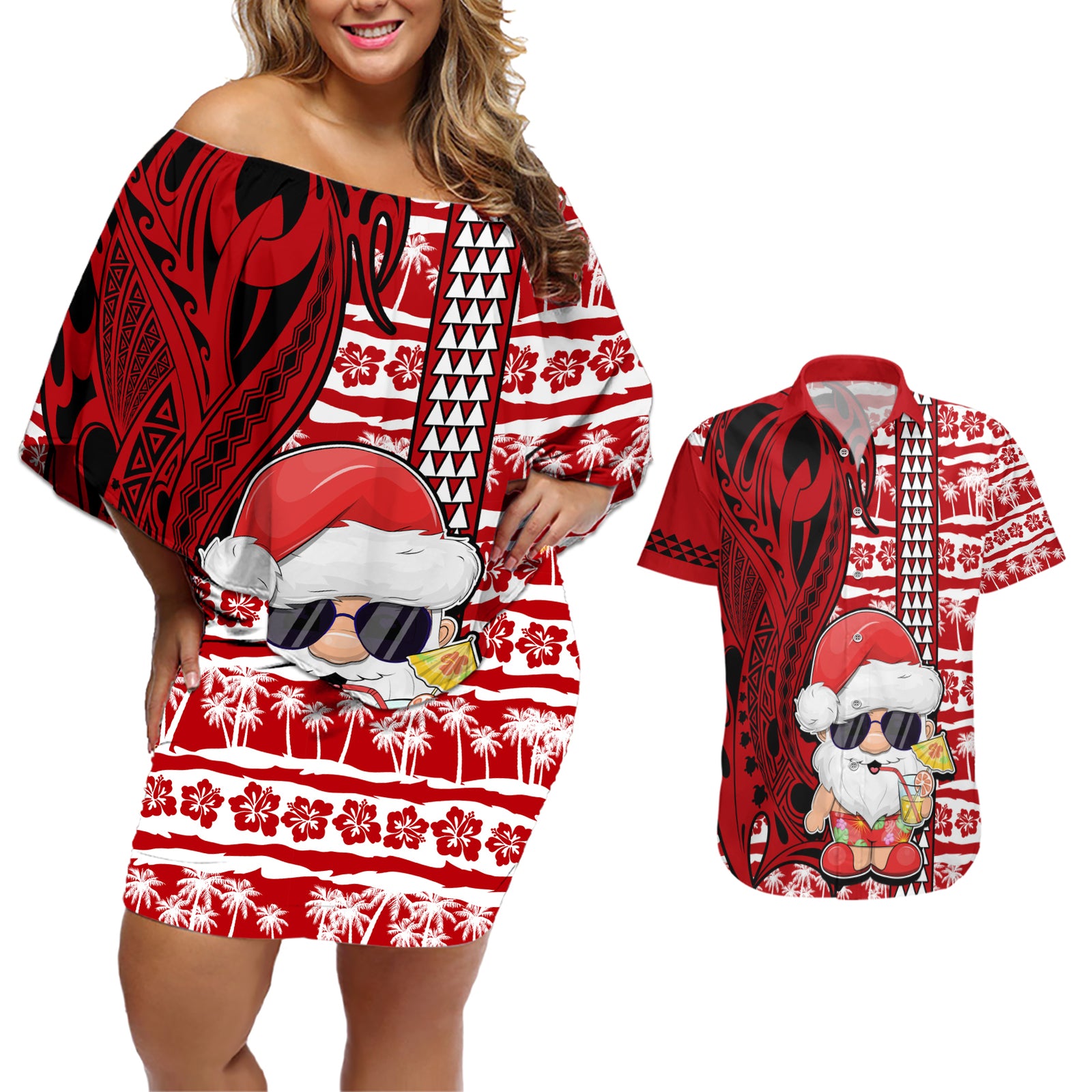 Mele Kalikimaka Hawaii Christmas Couples Matching Off Shoulder Short Dress and Hawaiian Shirt Santa Claus Kakau Tribal Mix Polynesia Tattoo LT03 Red - Polynesian Pride