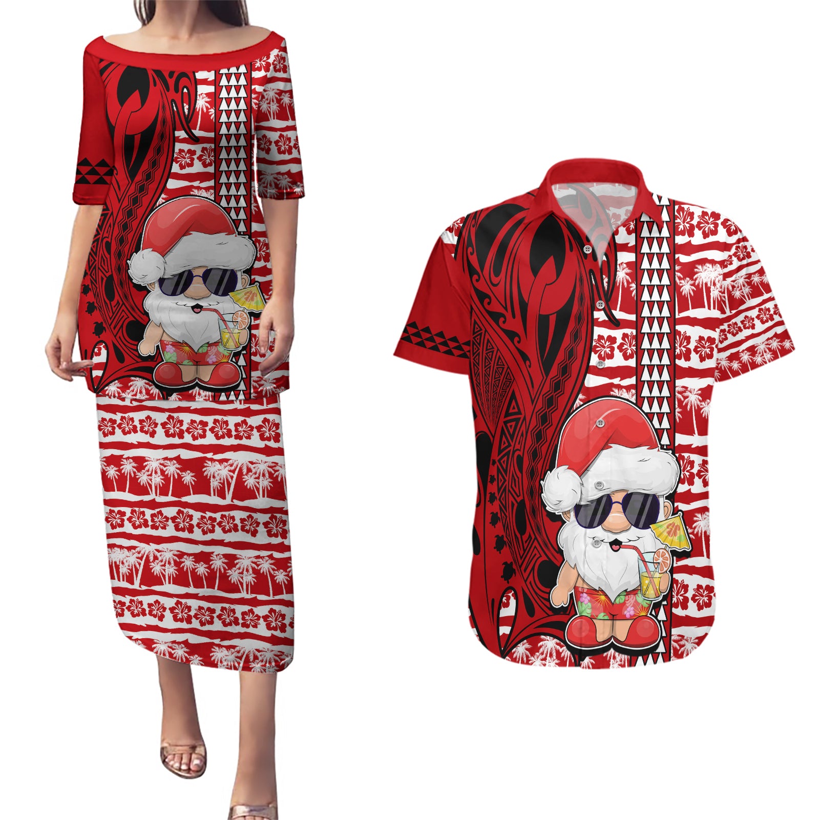 Mele Kalikimaka Hawaii Christmas Couples Matching Puletasi Dress and Hawaiian Shirt Santa Claus Kakau Tribal Mix Polynesia Tattoo LT03 Red - Polynesian Pride