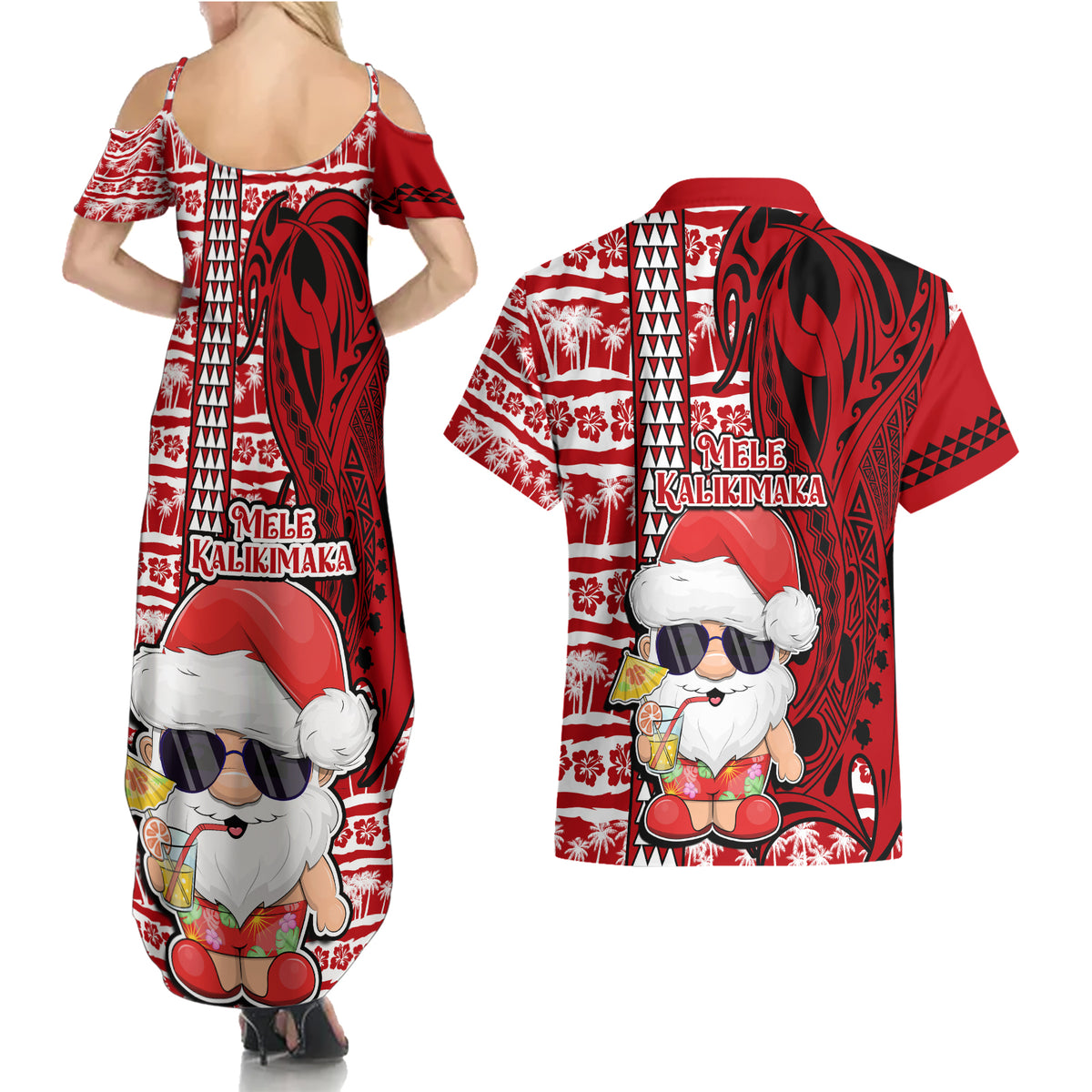 Mele Kalikimaka Hawaii Christmas Couples Matching Summer Maxi Dress and Hawaiian Shirt Santa Claus Kakau Tribal Mix Polynesia Tattoo LT03 - Polynesian Pride
