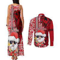 Mele Kalikimaka Hawaii Christmas Couples Matching Tank Maxi Dress and Long Sleeve Button Shirt Santa Claus Kakau Tribal Mix Polynesia Tattoo LT03 - Polynesian Pride