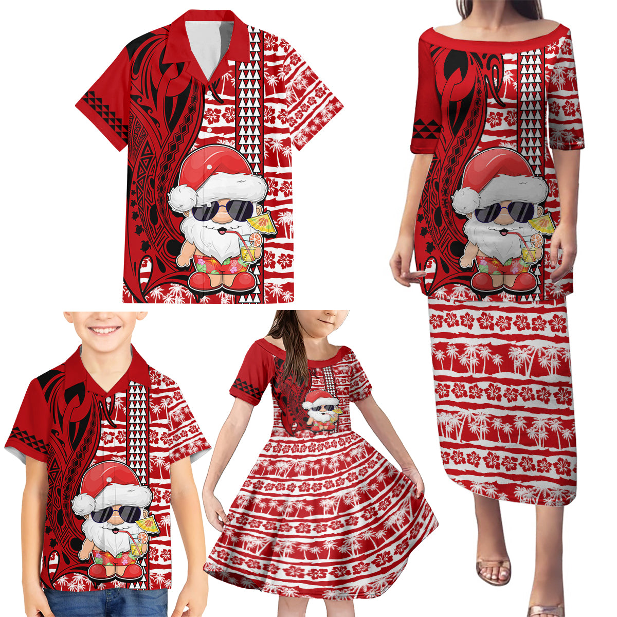 Mele Kalikimaka Hawaii Christmas Family Matching Puletasi Dress and Hawaiian Shirt Santa Claus Kakau Tribal Mix Polynesia Tattoo LT03 - Polynesian Pride