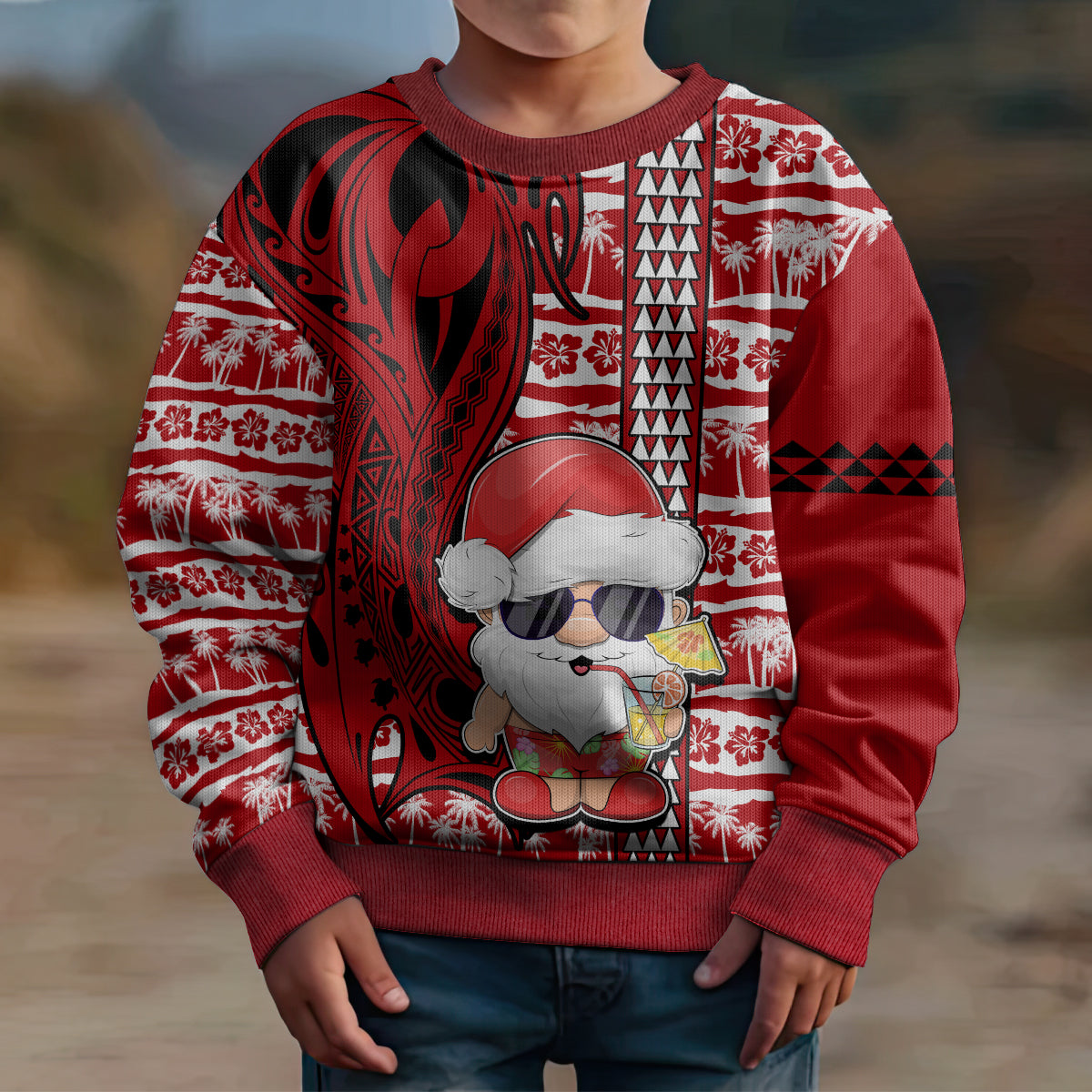 Mele Kalikimaka Hawaii Christmas Kid Ugly Christmas Sweater Santa Claus Kakau Tribal Mix Polynesia Tattoo LT03 - Polynesian Pride