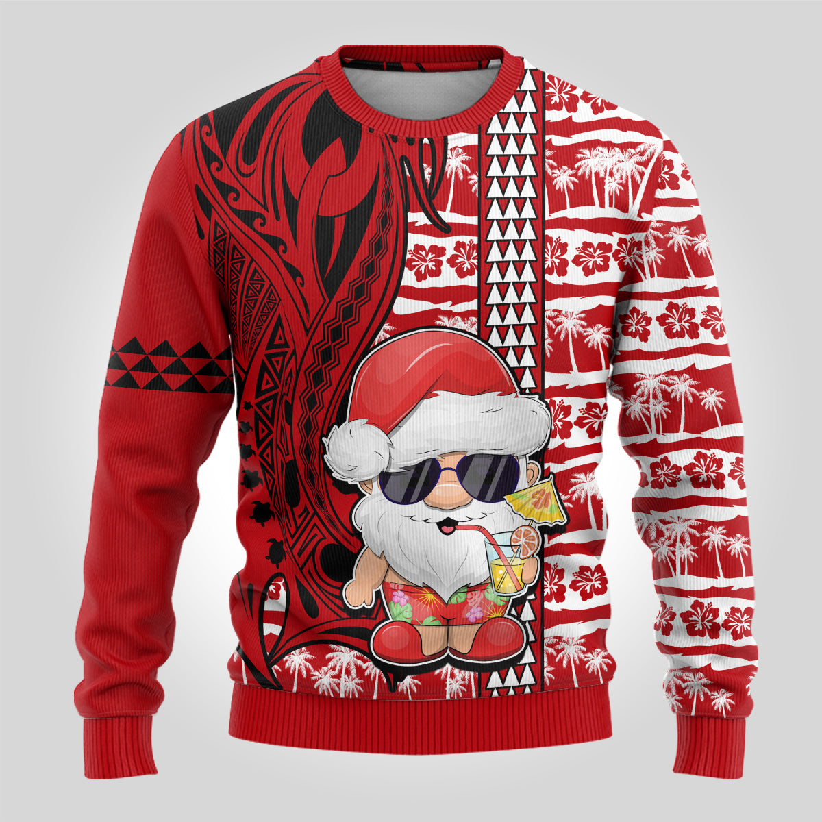 Mele Kalikimaka Hawaii Christmas Ugly Christmas Sweater Santa Claus Kakau Tribal Mix Polynesia Tattoo LT03 - Polynesian Pride