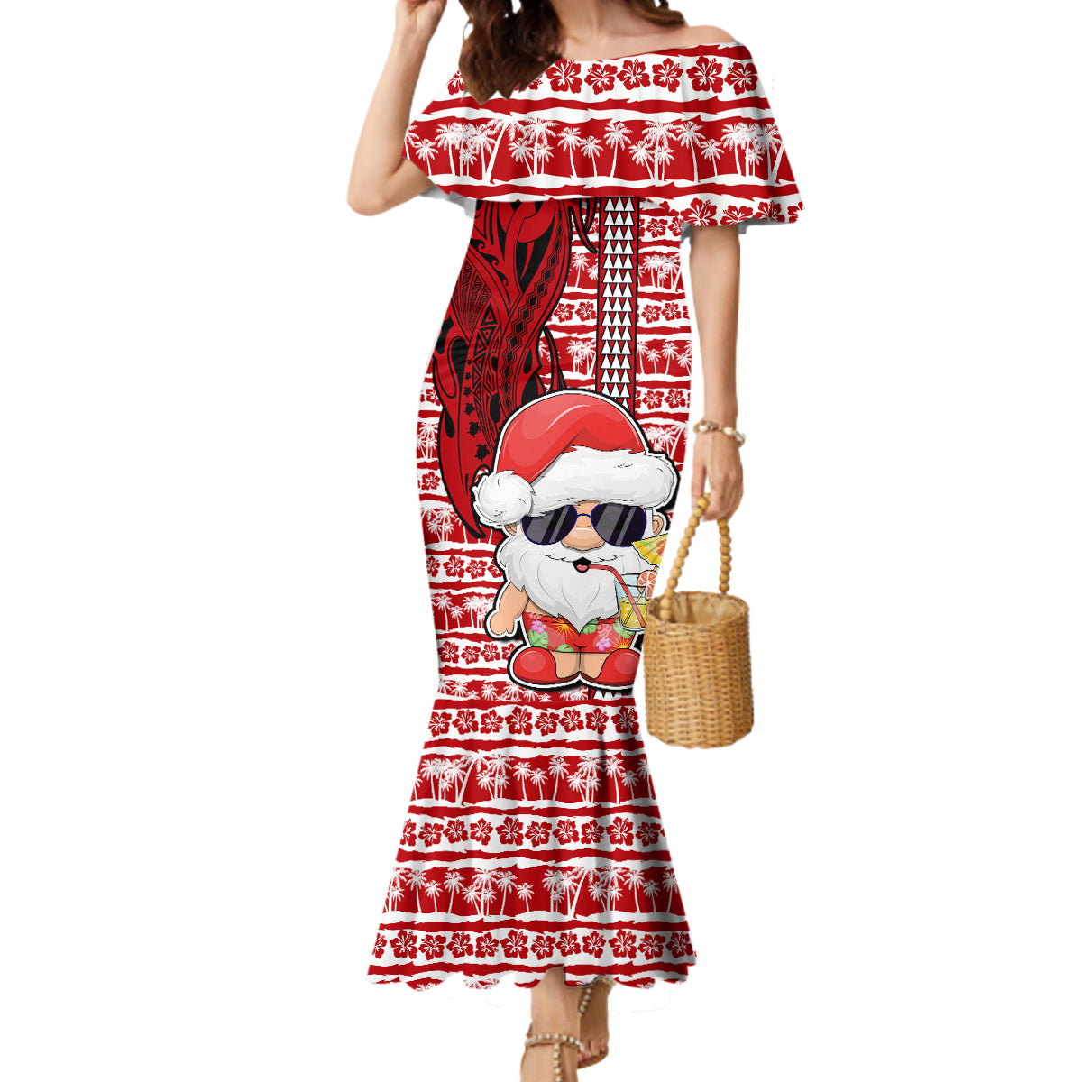 Mele Kalikimaka Hawaii Christmas Mermaid Dress Santa Claus Kakau Tribal Mix Polynesia Tattoo LT03 Women Red - Polynesian Pride