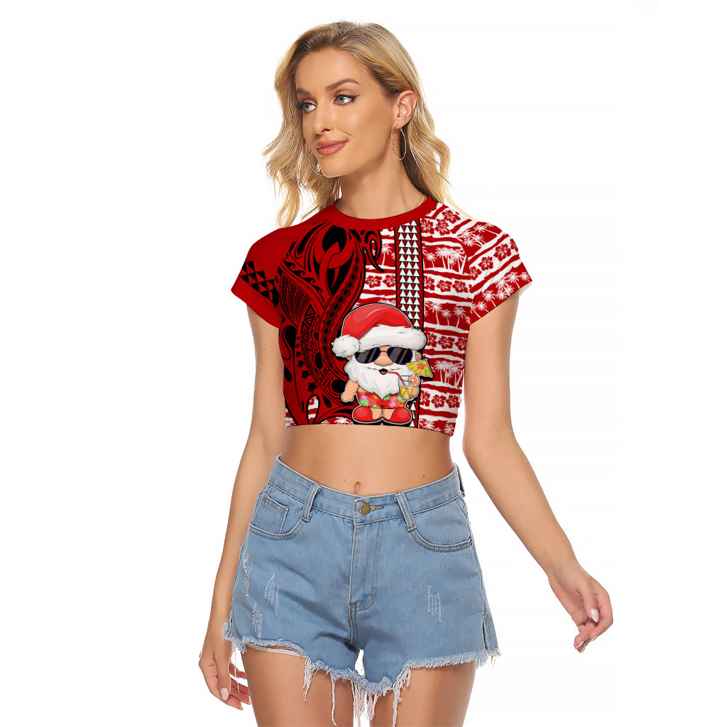 Mele Kalikimaka Hawaii Christmas Raglan Cropped T Shirt Santa Claus Kakau Tribal Mix Polynesia Tattoo LT03 Female Red - Polynesian Pride