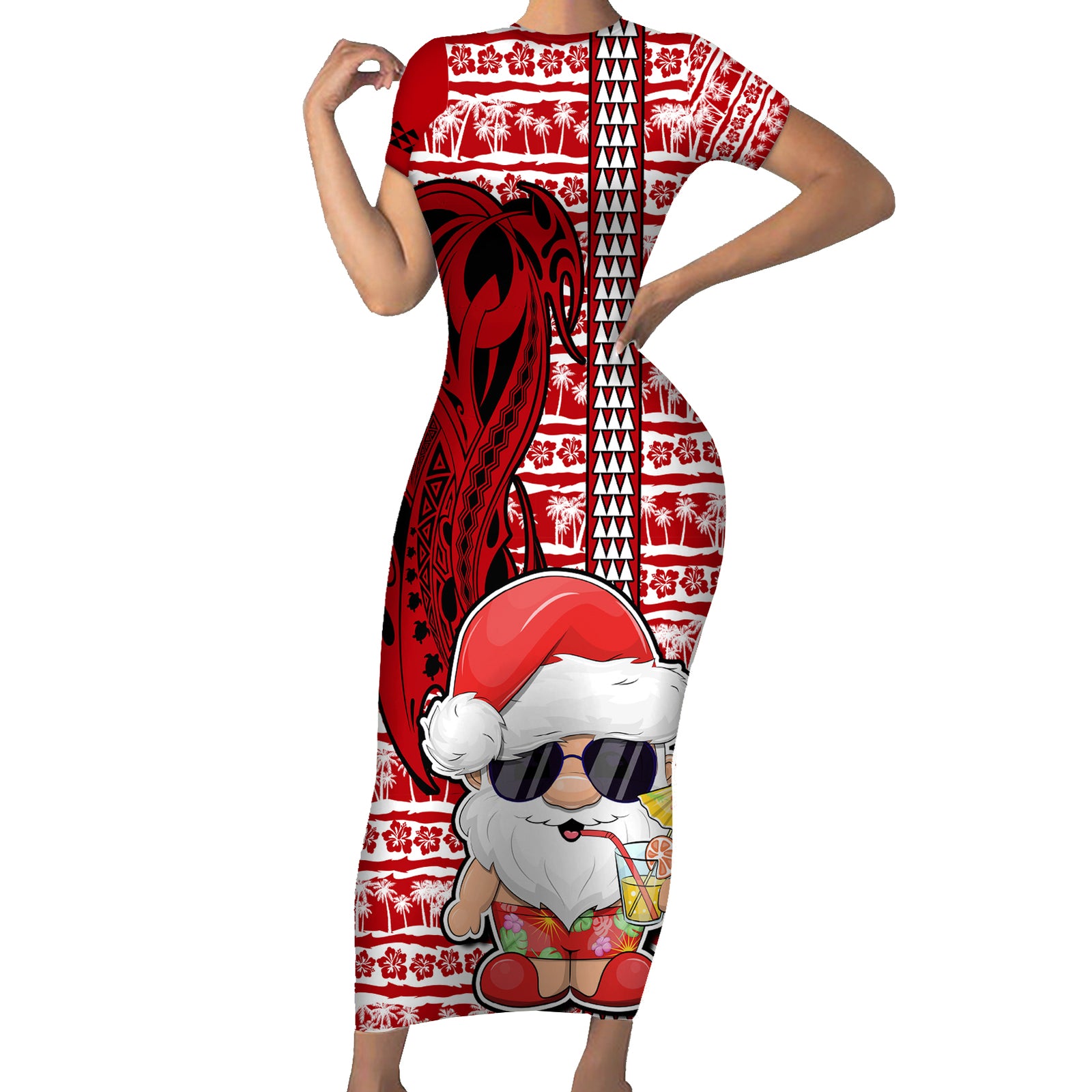 Mele Kalikimaka Hawaii Christmas Short Sleeve Bodycon Dress Santa Claus Kakau Tribal Mix Polynesia Tattoo LT03 Long Dress Red - Polynesian Pride