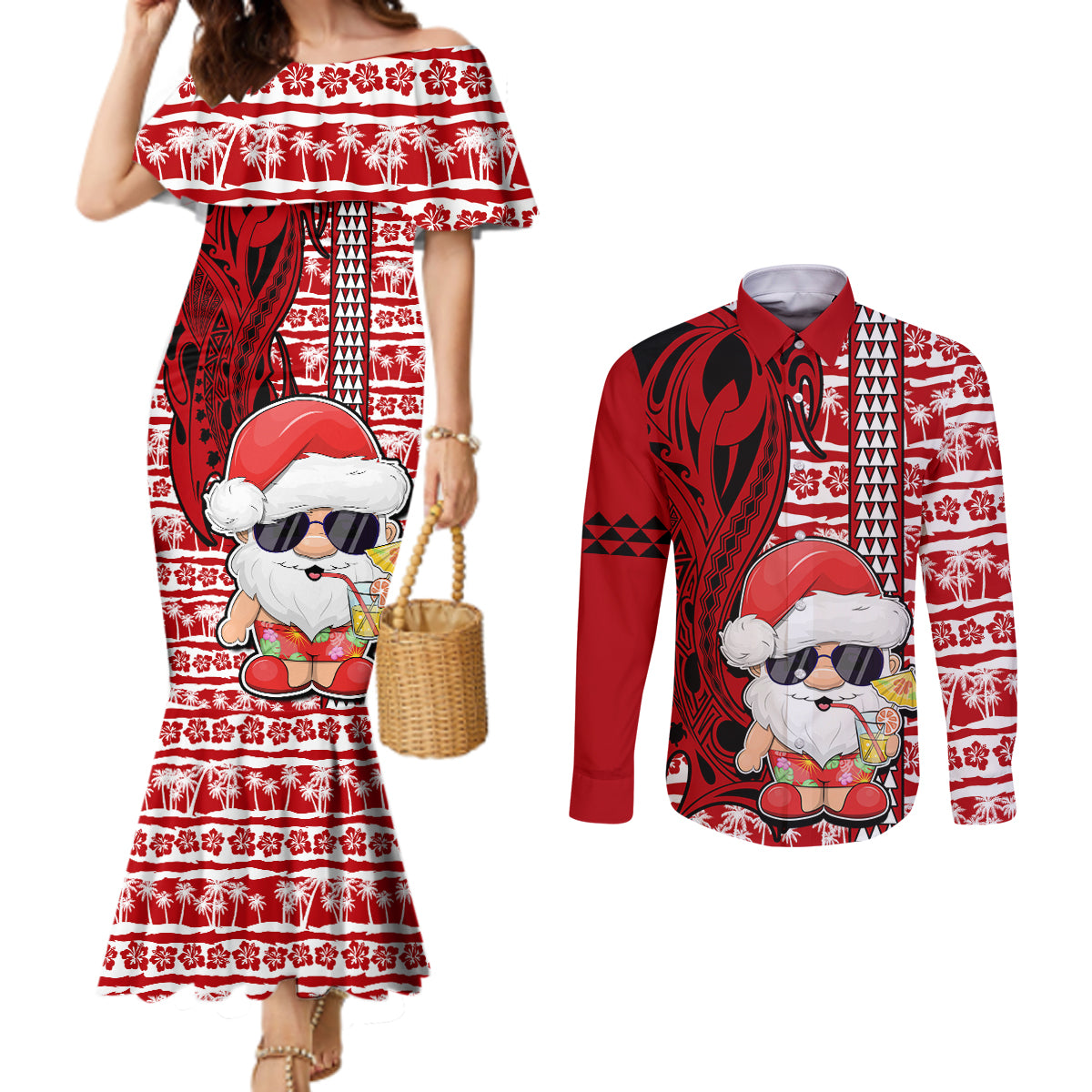 Custom Mele Kalikimaka Hawaii Christmas Couples Matching Mermaid Dress and Long Sleeve Button Shirt Santa Claus Kakau Tribal Mix Polynesia Tattoo LT03 Red - Polynesian Pride